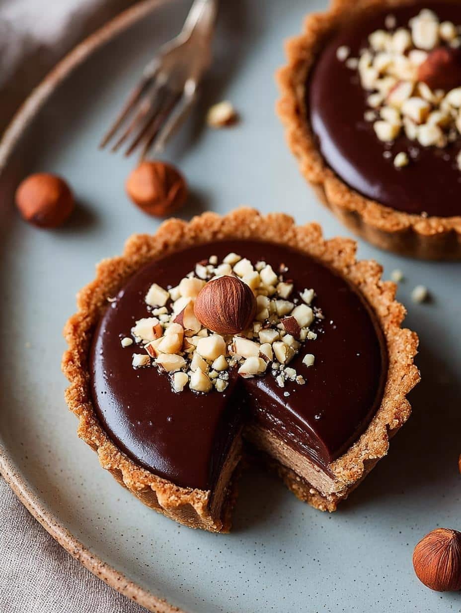 Close-up of a delicious Vegan Chocolate Hazelnut Tartlet, showcasing the creamy filling and hazelnut topping