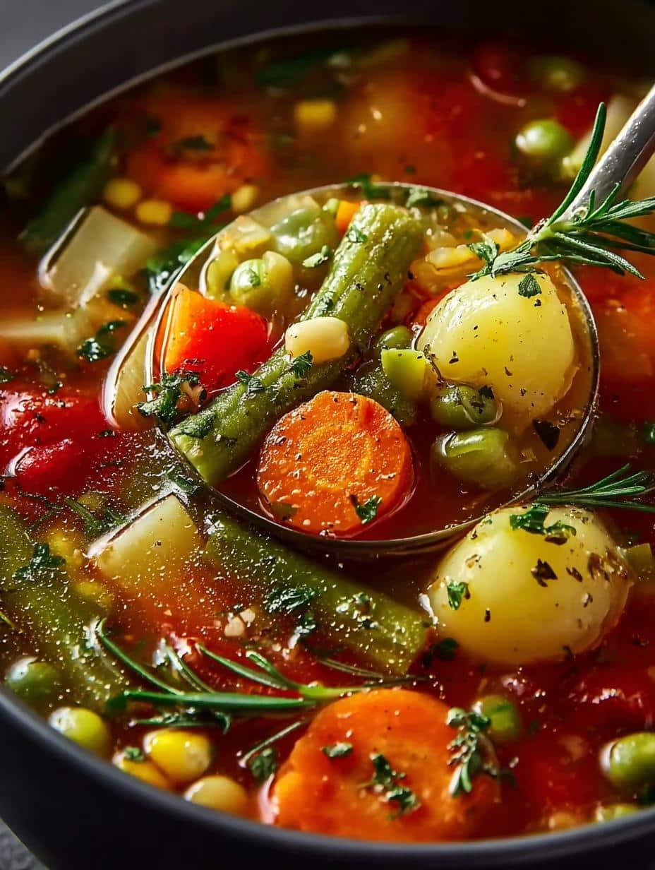 Hearty Easy Vegetable Soup in a white bowl with fresh herbs, perfect for a comforting meal