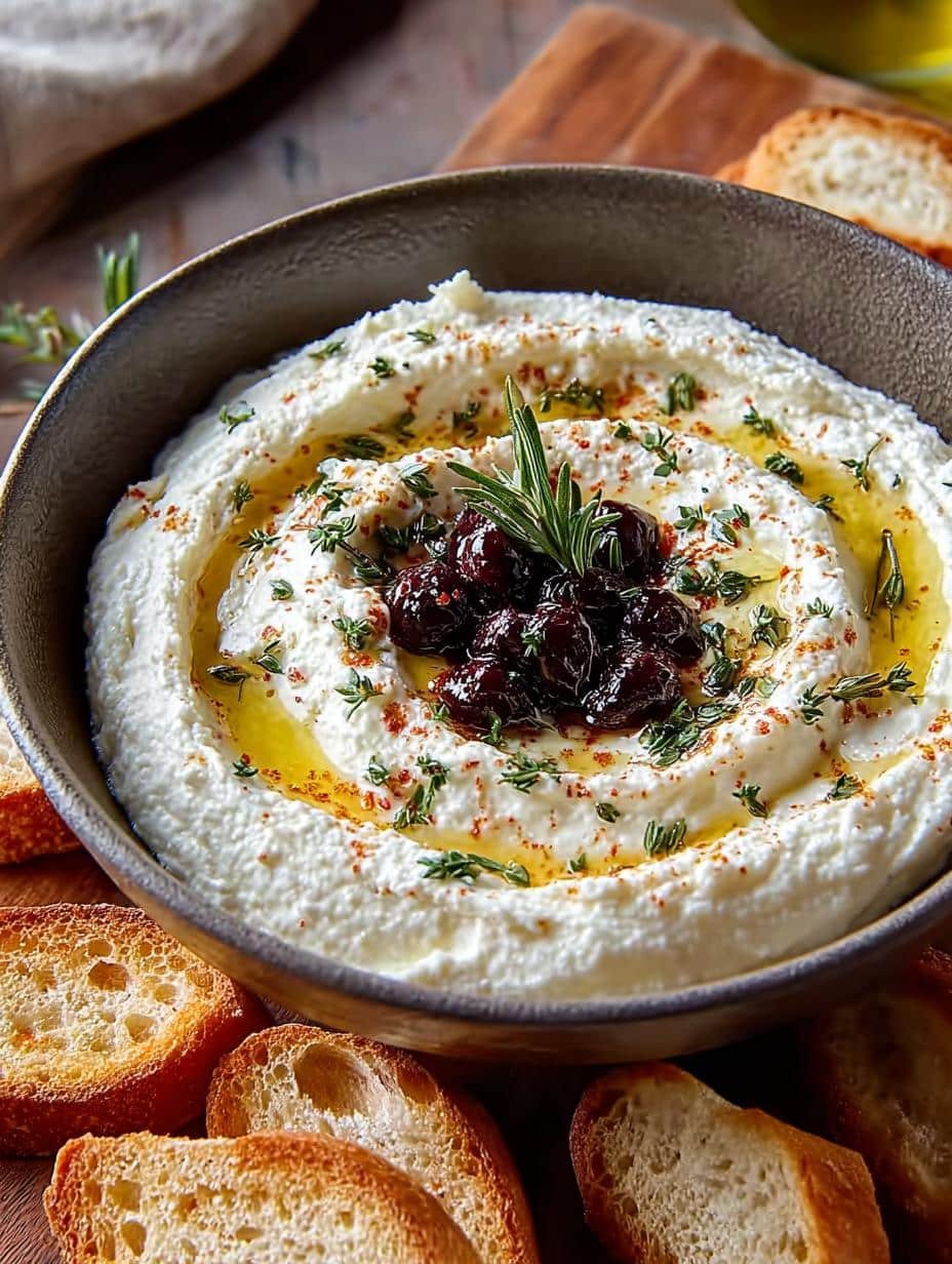 Close-up of Whipped Ricotta Dip with balsamic and cranberries, garnished with fresh rosemary, perfect for an appetizer