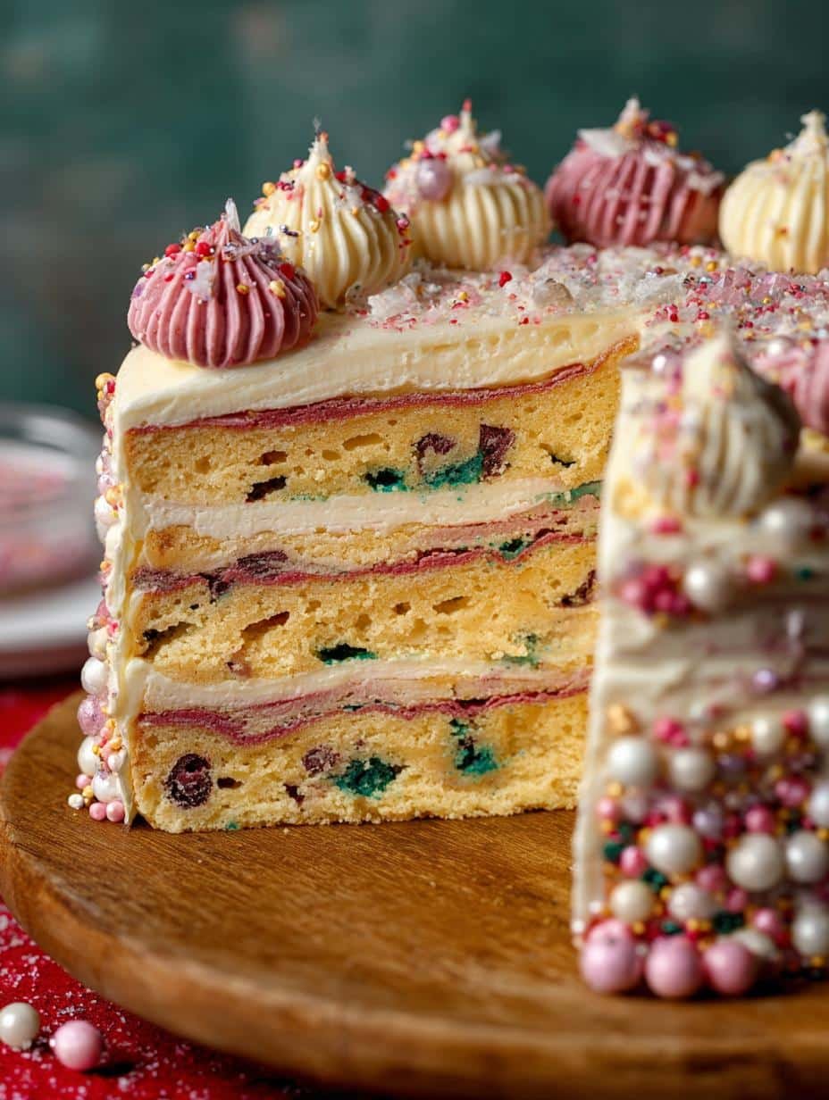 Close-up of a slice of ?sugar Cookie Cake showing moist layers and cookie dough