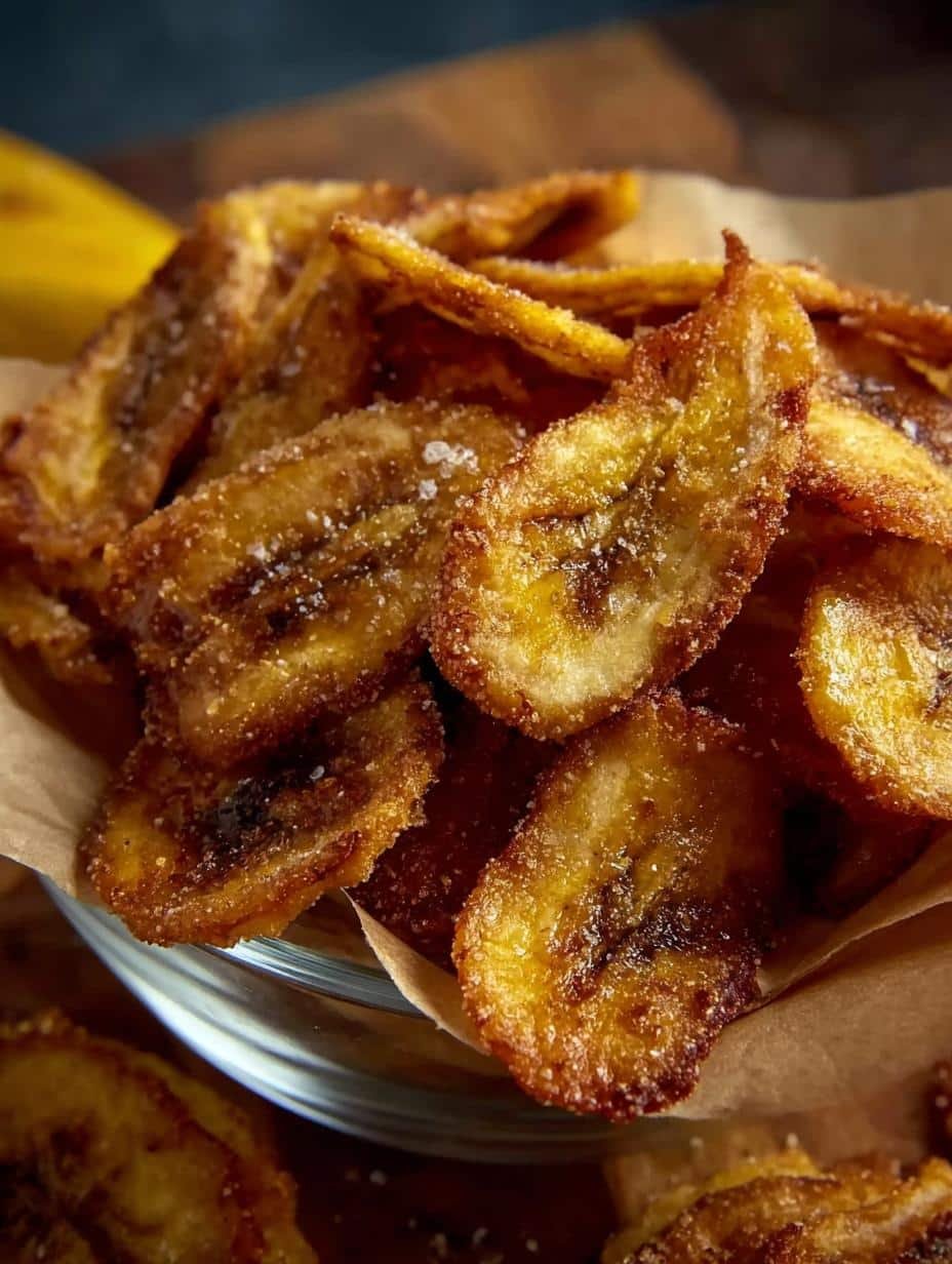 Golden brown Air Fryer Banana Chips arranged on a white plate, ready to be served as a healthy snack