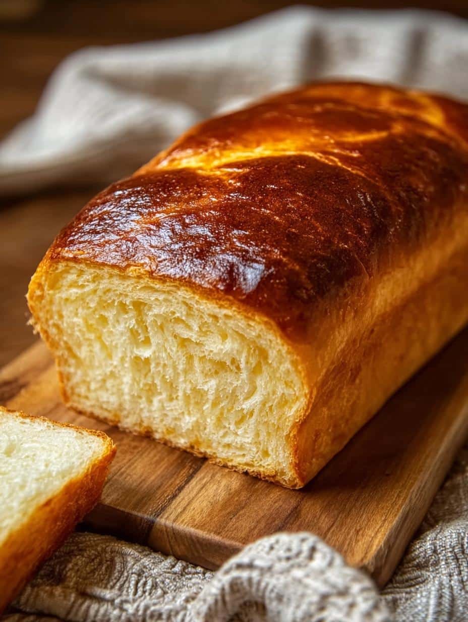 Close-up of a slice of soft, sweet Amish bread with a golden crust