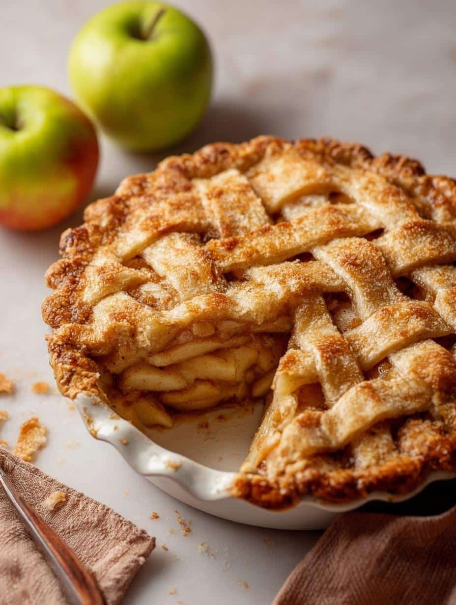 Delicious Classic Apple Pie with golden-brown crust and bubbling filling, ready to be served