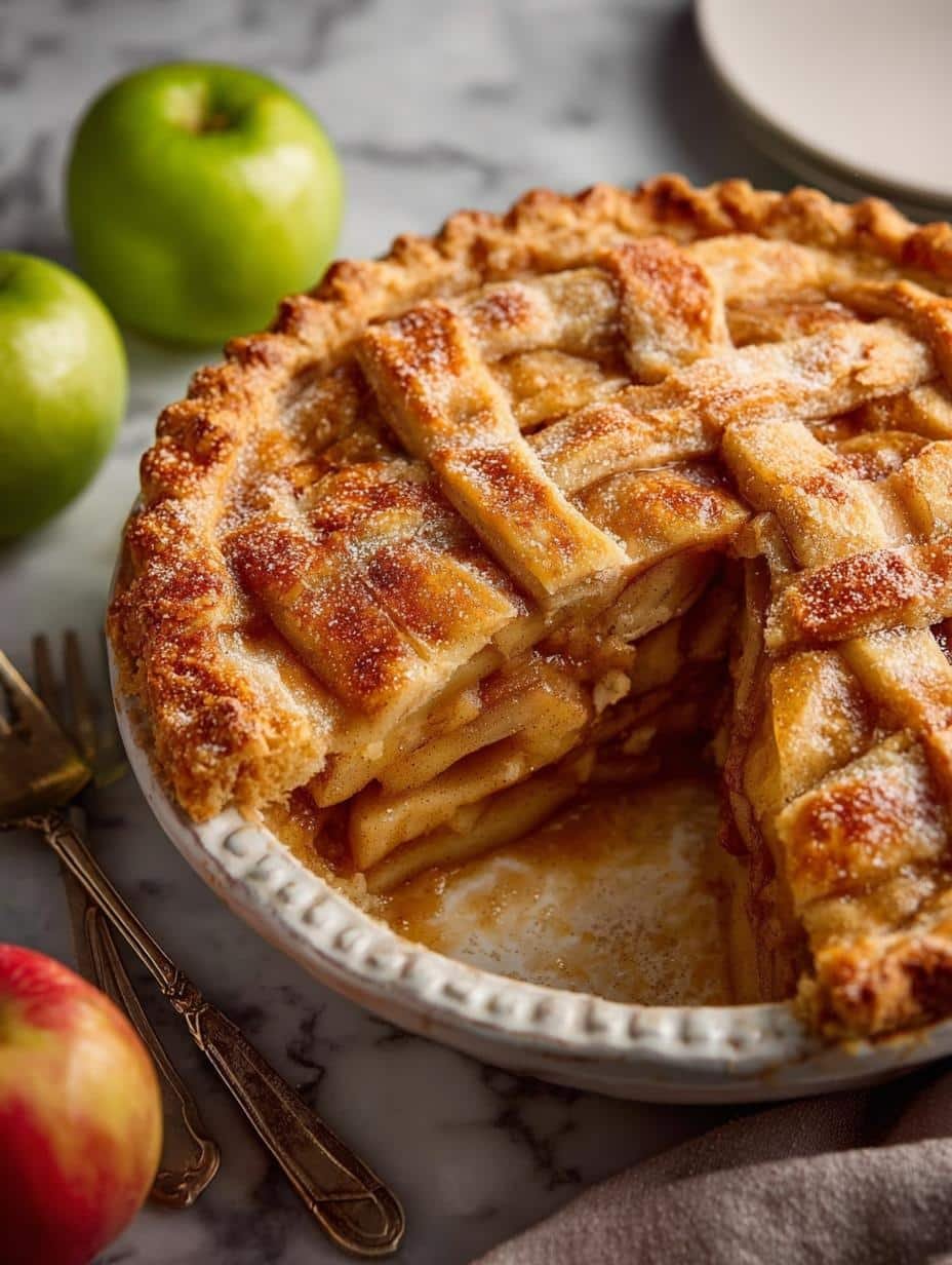 Slice of Classic Apple Pie with a flaky crust and warm apple filling, served with a scoop of vanilla ice cream