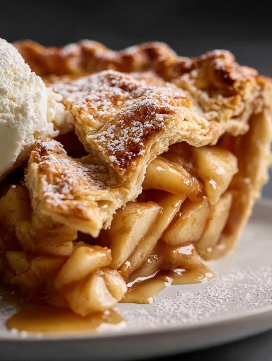 Close-up of a slice of Apple Pie Mode Apple with a scoop of melting vanilla ice cream, showcasing the rich filling and flaky crust