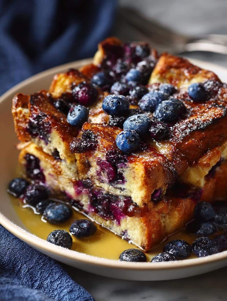 Delicious Baked Blueberry French Toast with fresh blueberries and powdered sugar, ready to serve