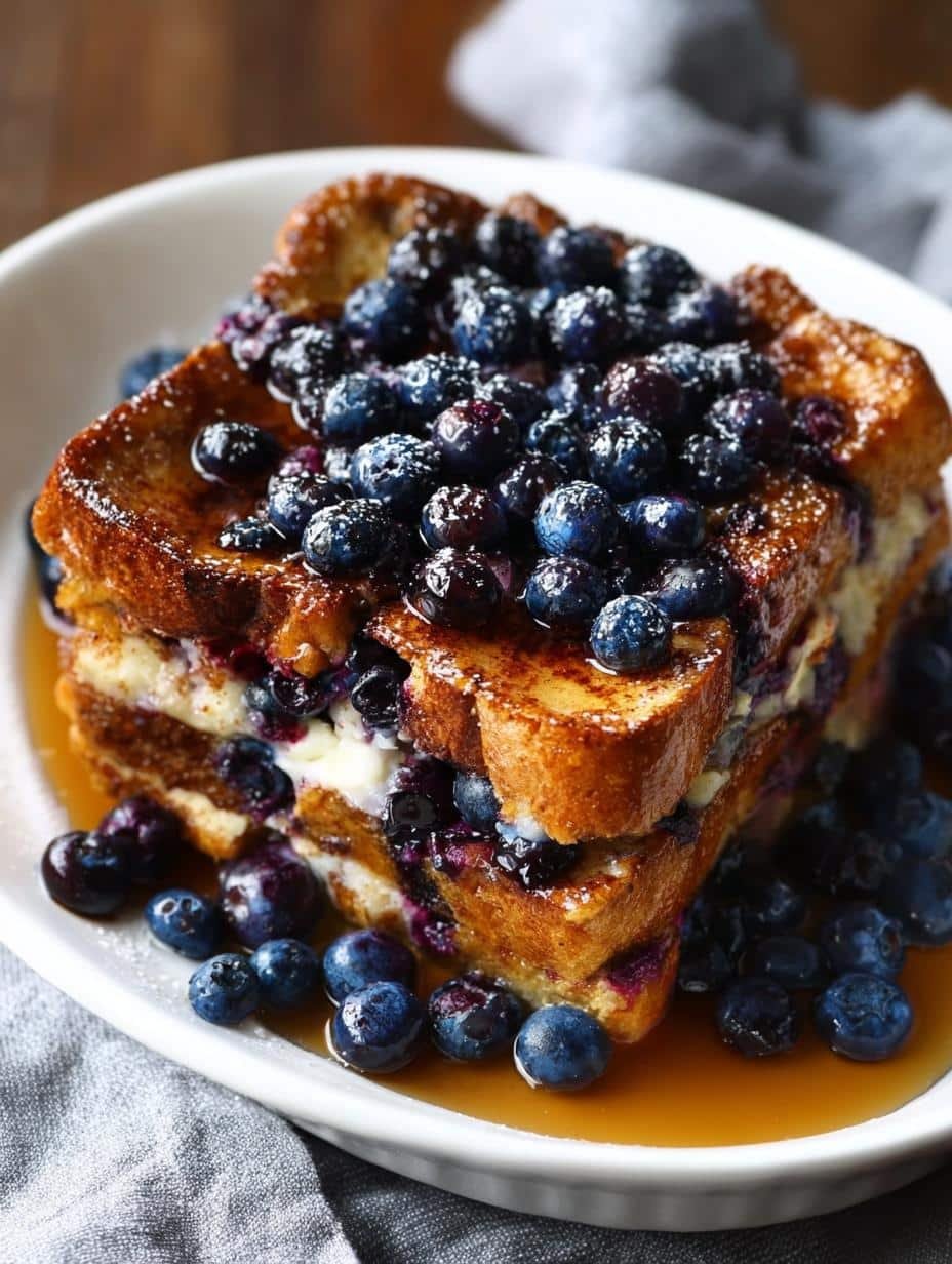 Close-up of golden brown Baked Blueberry French Toast with melted butter and sugar topping