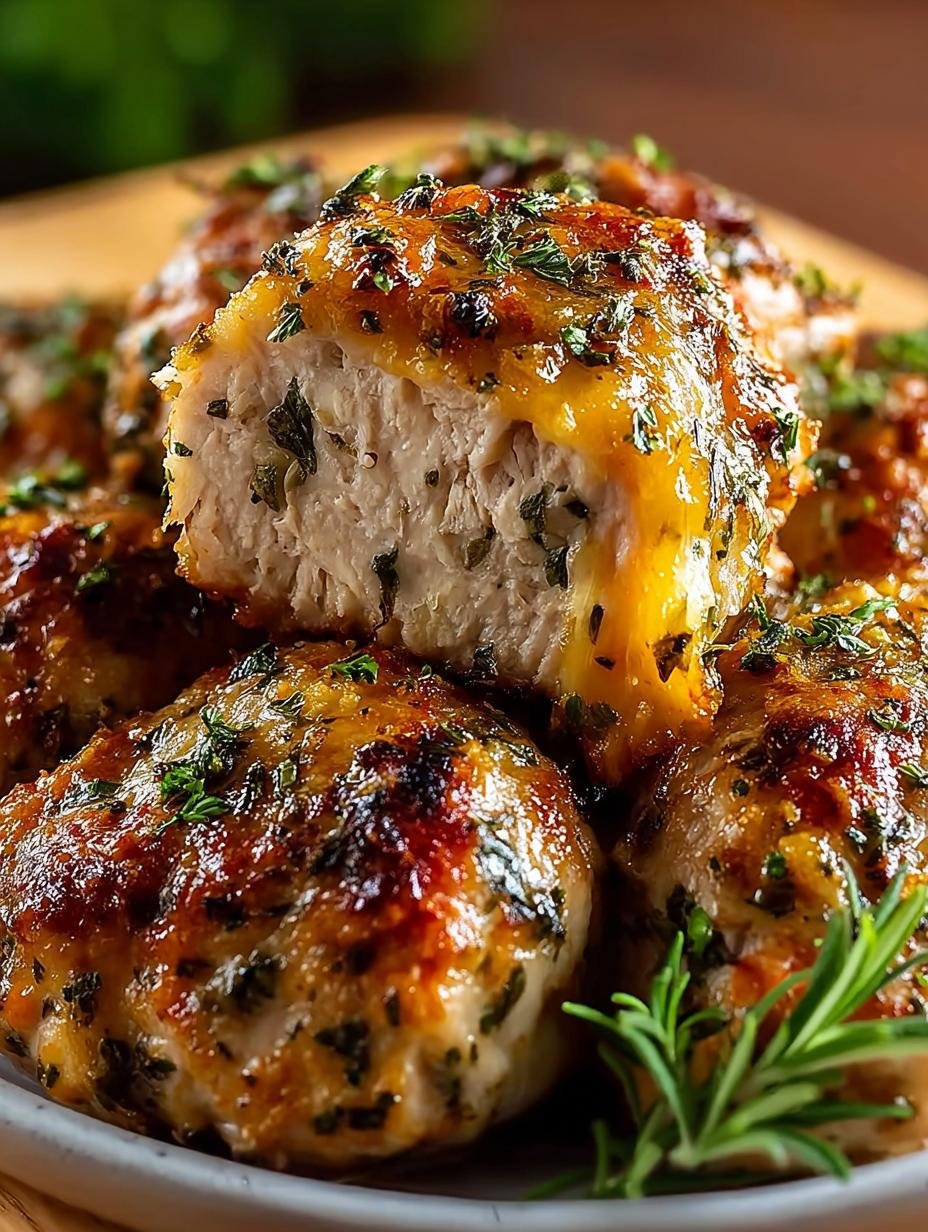Close-up of perfectly baked Italian Herb Chicken breast, sliced to show juicy interior, garnished with fresh basil