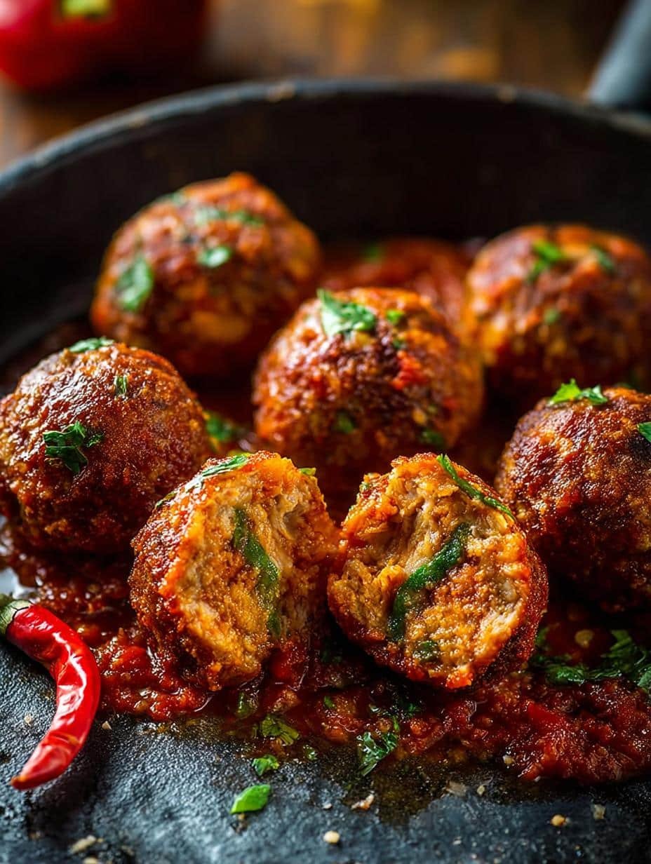 Calabrian Spicy Meatballs Incredible for a Flavorful Dinner - close-up of meatballs in sauce