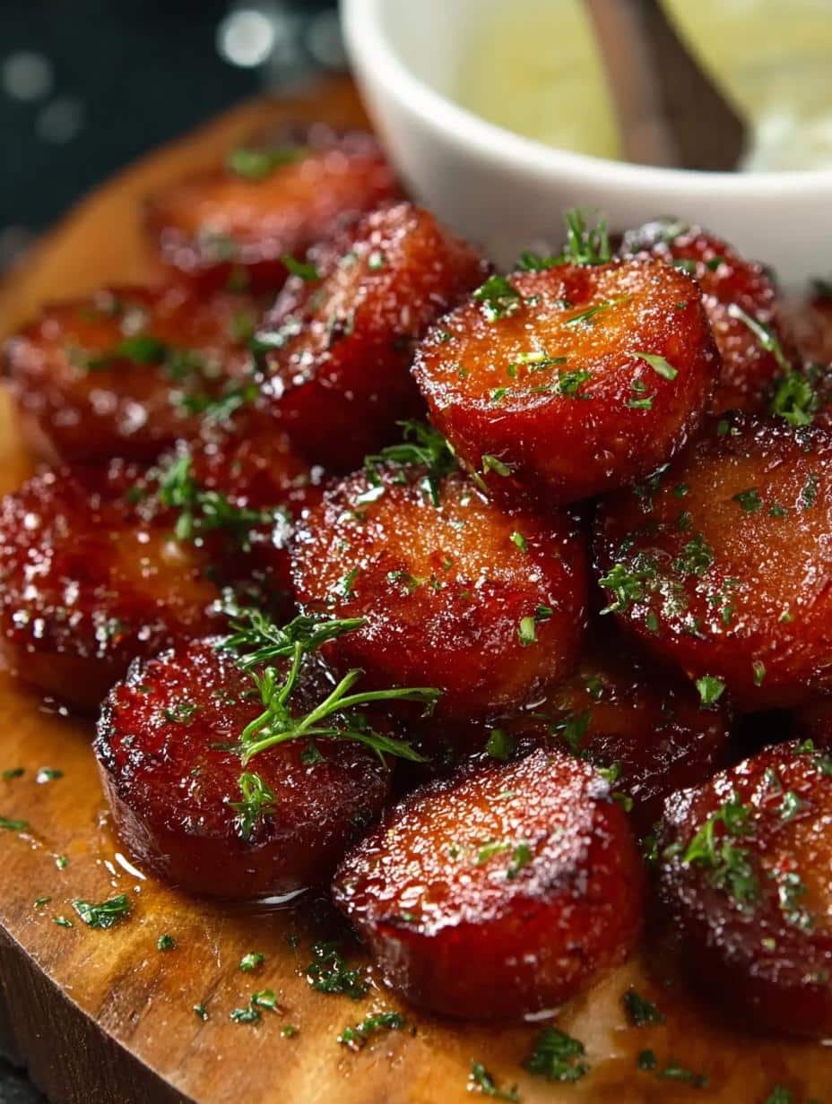 Close-up of perfectly glazed Candied Kielbasa Bites on a serving platter with toothpicks
