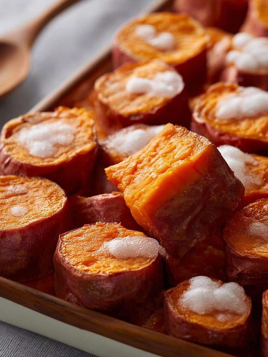 Close-up of golden brown Candied Yams with melted marshmallows, fresh from the oven