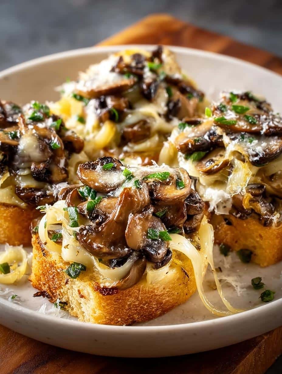 Caramelized Leek Mushroom Gruyere pasta dish in a white bowl, garnished with fresh herbs, showcasing its creamy texture and golden-brown leeks and mushrooms.
