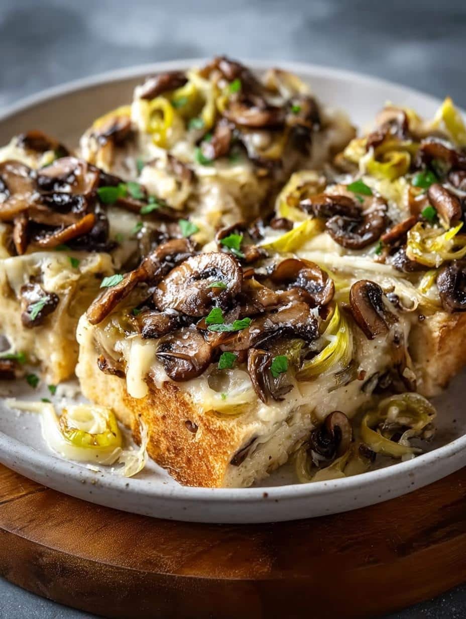 Close-up of Caramelized Leek Mushroom Gruyere in a pan, showing the rich, creamy sauce coating the pasta, with visible caramelized leeks and sliced mushrooms.