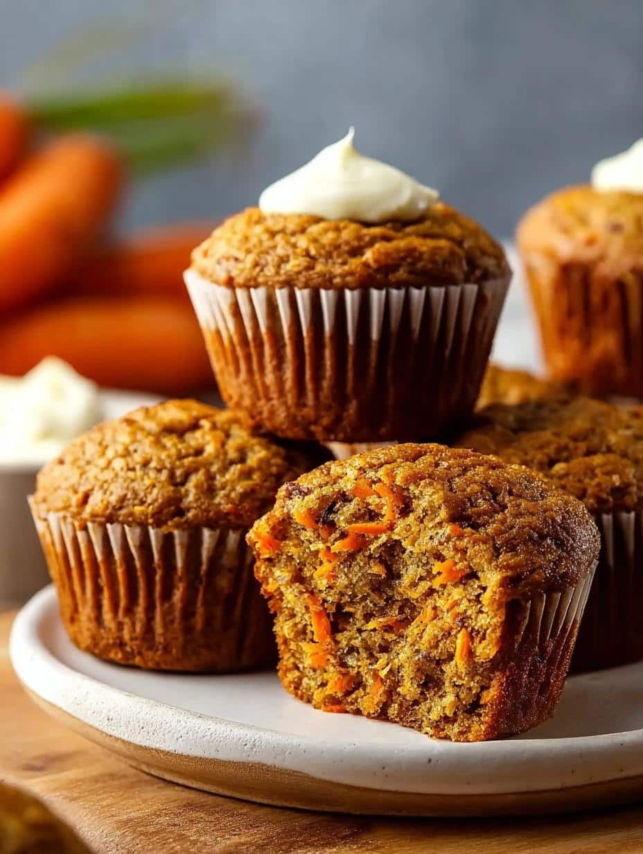 Close-up of a freshly baked Carrot Cake Muffin, showing its moist texture and spices