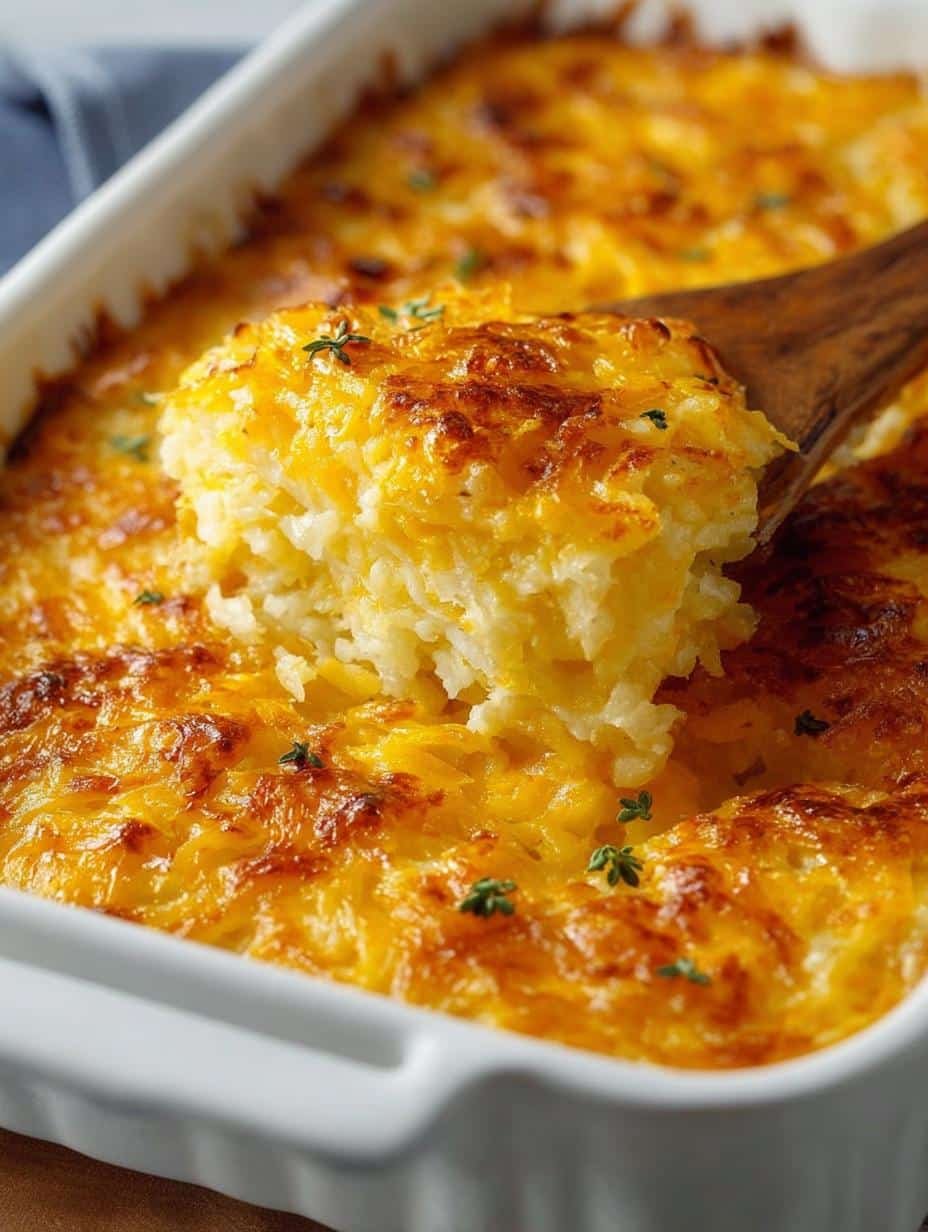 Delicious Cheesy Hashbrown Casserole with Crunchy Cornflake Topping, golden brown and bubbly