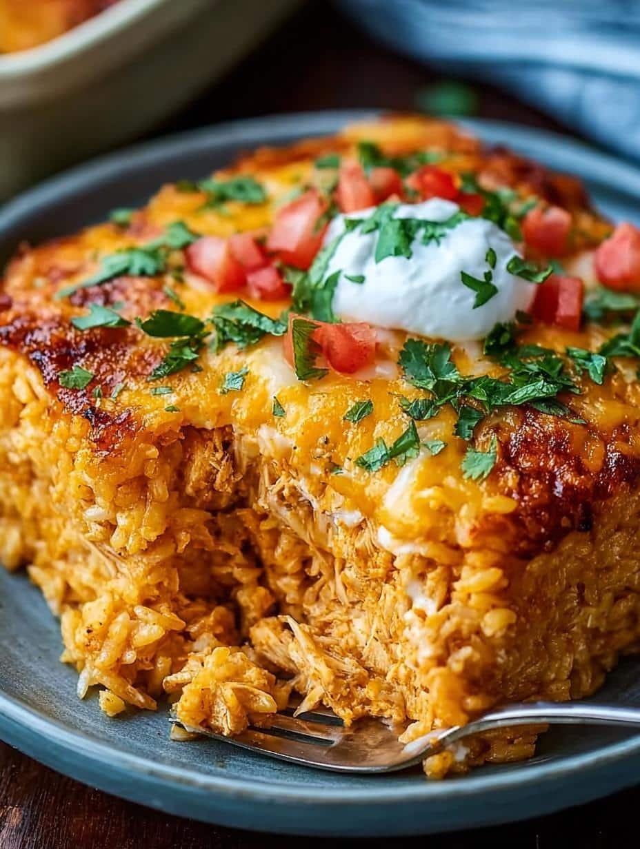 Chicken Enchilada Rice Casserole: 5 Cheesy Comfort Delights - close-up of the cheesy topping on Chicken Enchilada Rice Casserole