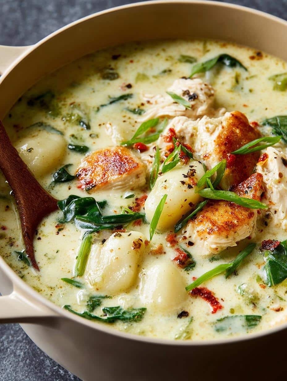 Deliciously creamy Chicken Gnocchi Soup with tender chicken and soft gnocchi, garnished with fresh herbs, ready to be served in a bowl.