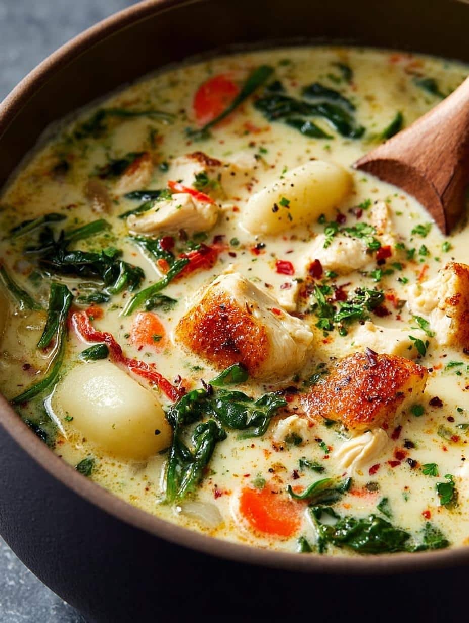 Close-up of a steaming bowl of Chicken Gnocchi Soup, showing the creamy broth, chicken pieces, and potato gnocchi, perfect for a comforting meal.