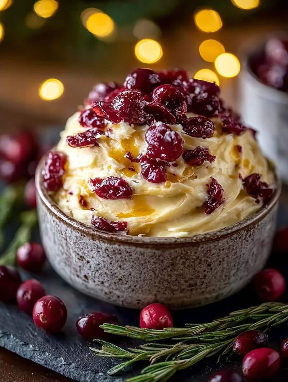 Close-up of creamy Christmas Cranberry Honey Butter spread on a piece of toast