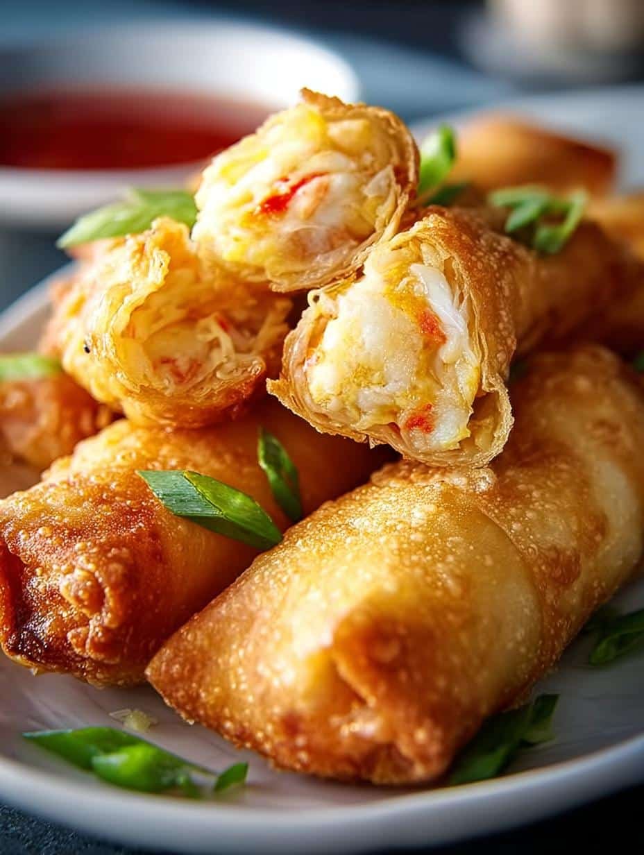 Close-up of golden brown Crab Rangoon Egg Rolls stacked on a plate, ready to be served
