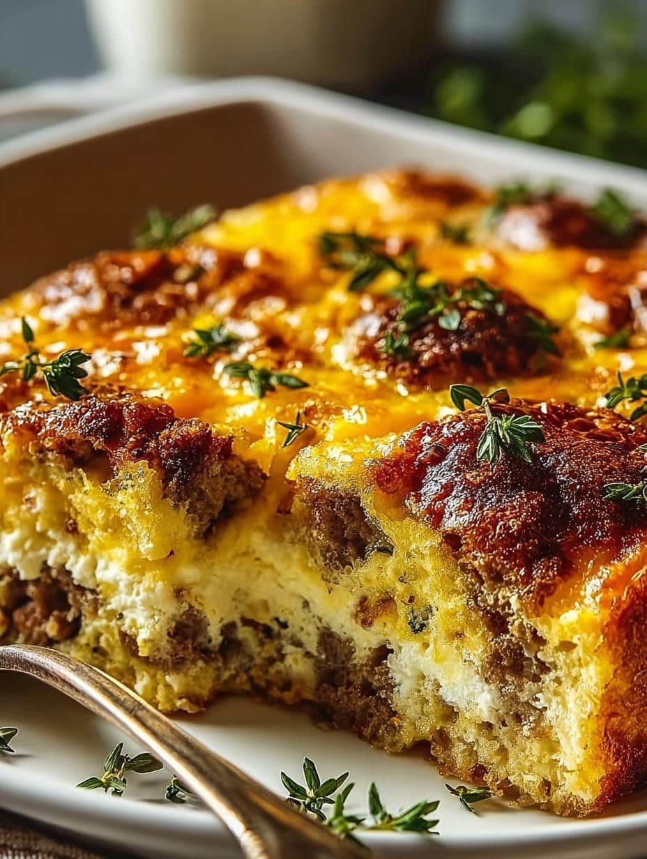 Crack Breakfast Casserole You Will Absolutely Love 5 Close-up of a slice of Crack Breakfast Casserole You, showing cheesy eggs and sausage