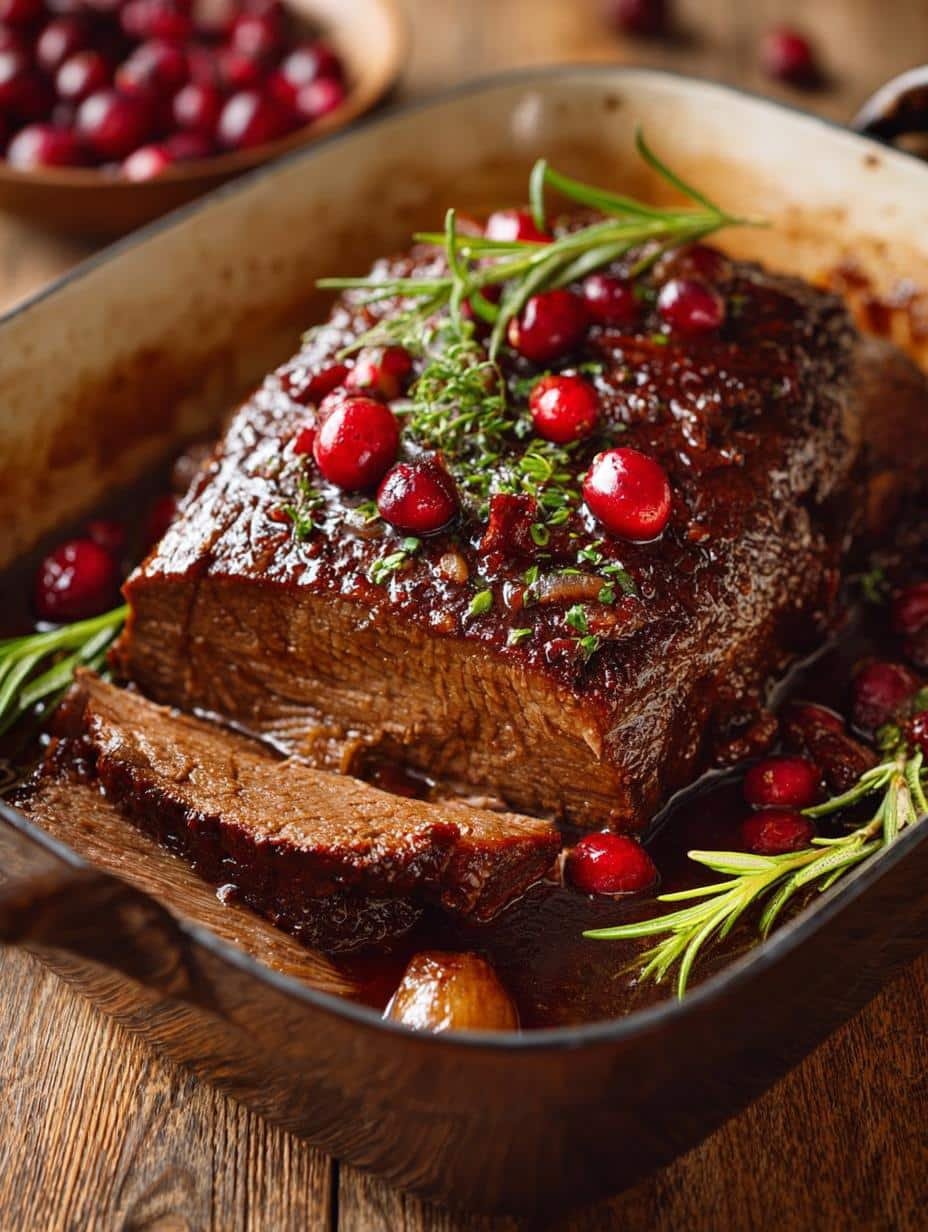 Delicious Cranberry Holiday Beef Brisket, perfectly sliced and ready to serve