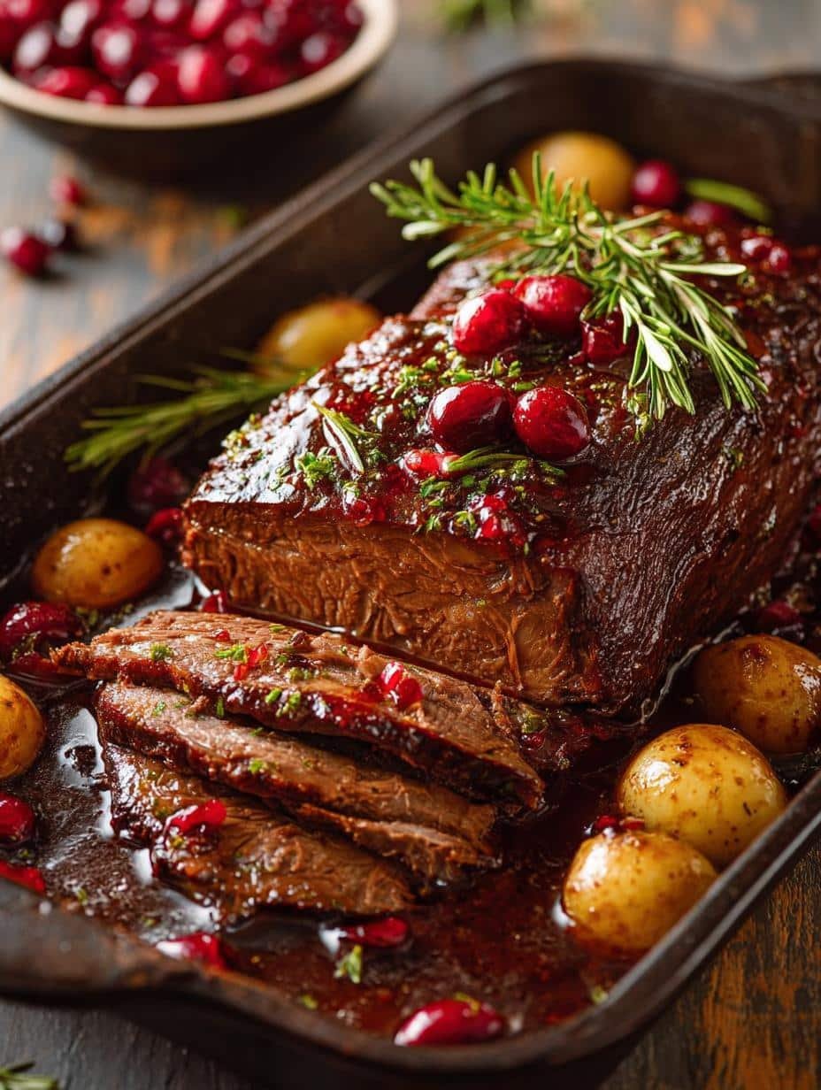 Close-up of tender Cranberry Holiday Beef Brisket with rich cranberry glaze