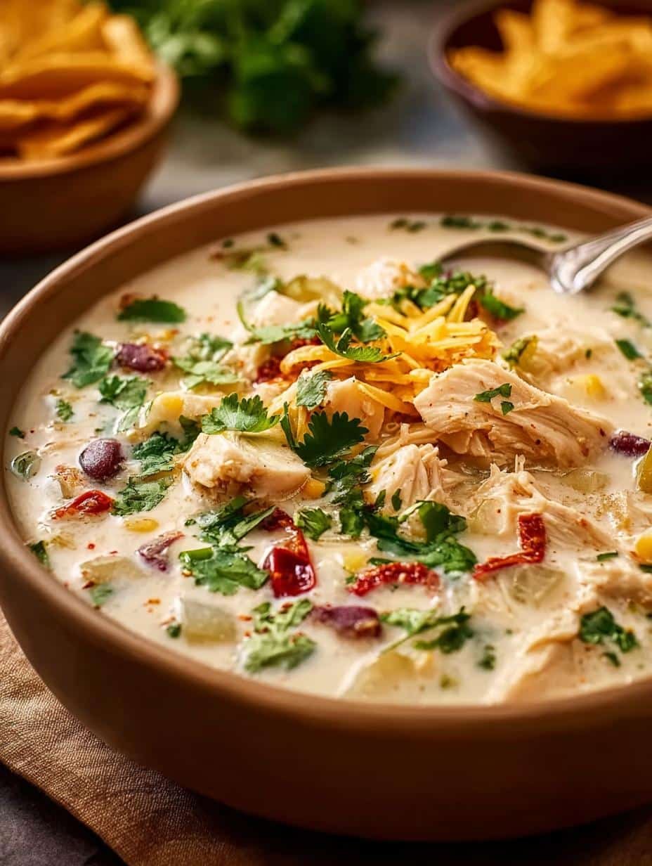 Delicious Creamy White Chicken Enchilada with melted cheese and fresh cilantro