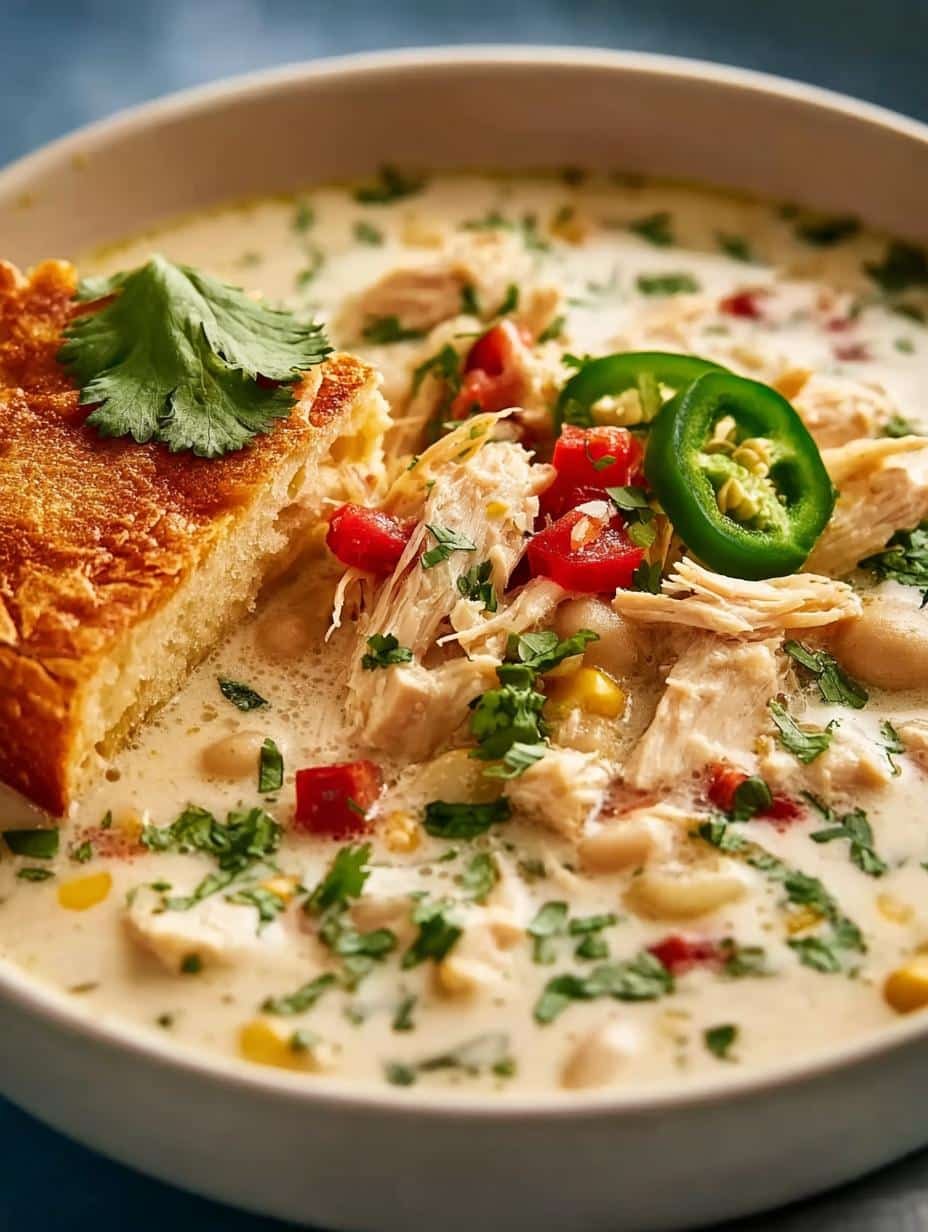 Close-up of Creamy White Chicken Enchilada baking in a casserole dish