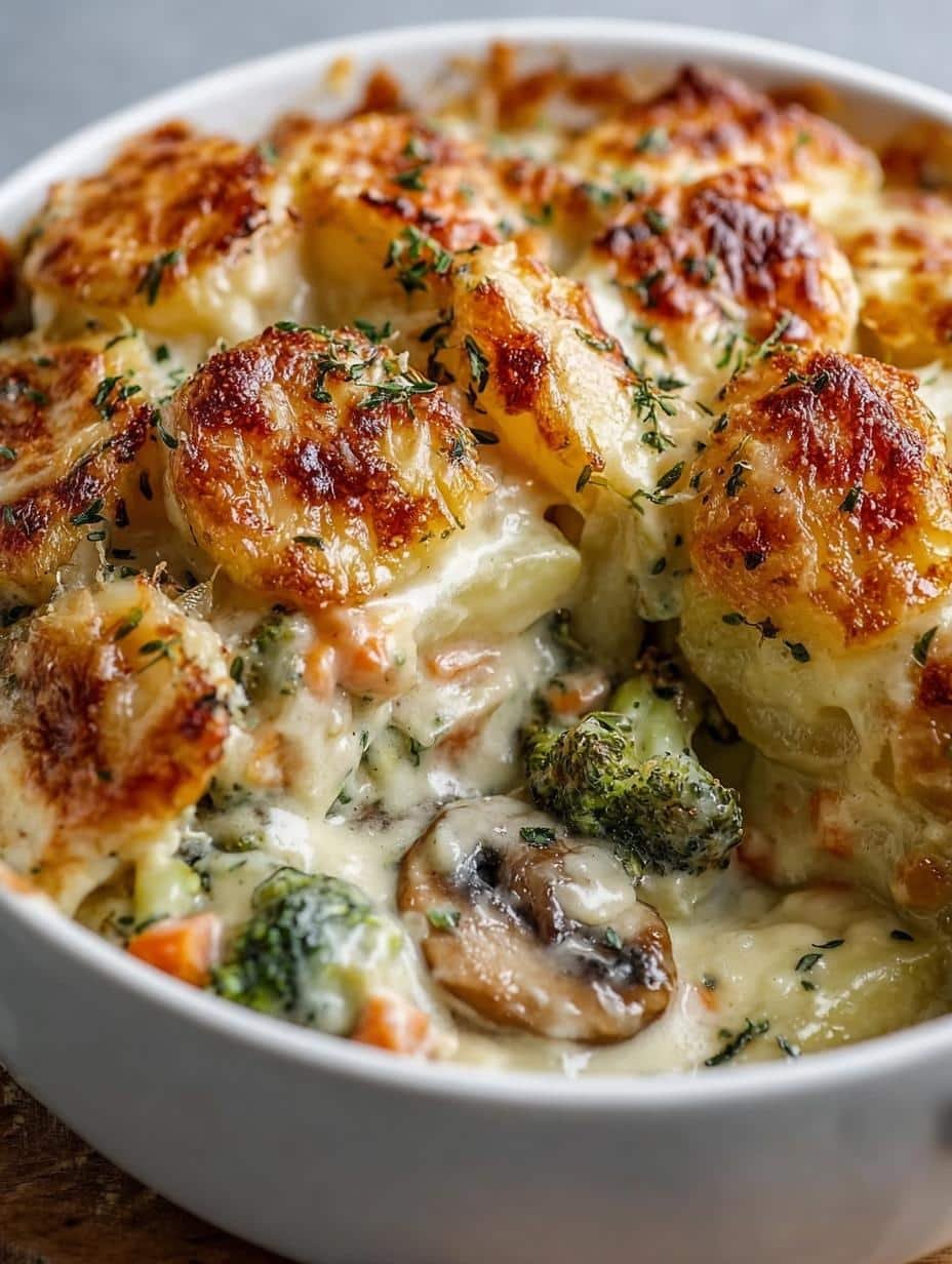 Close-up of a bubbling Creamy Winter Vegetable Casserole with golden cheese topping