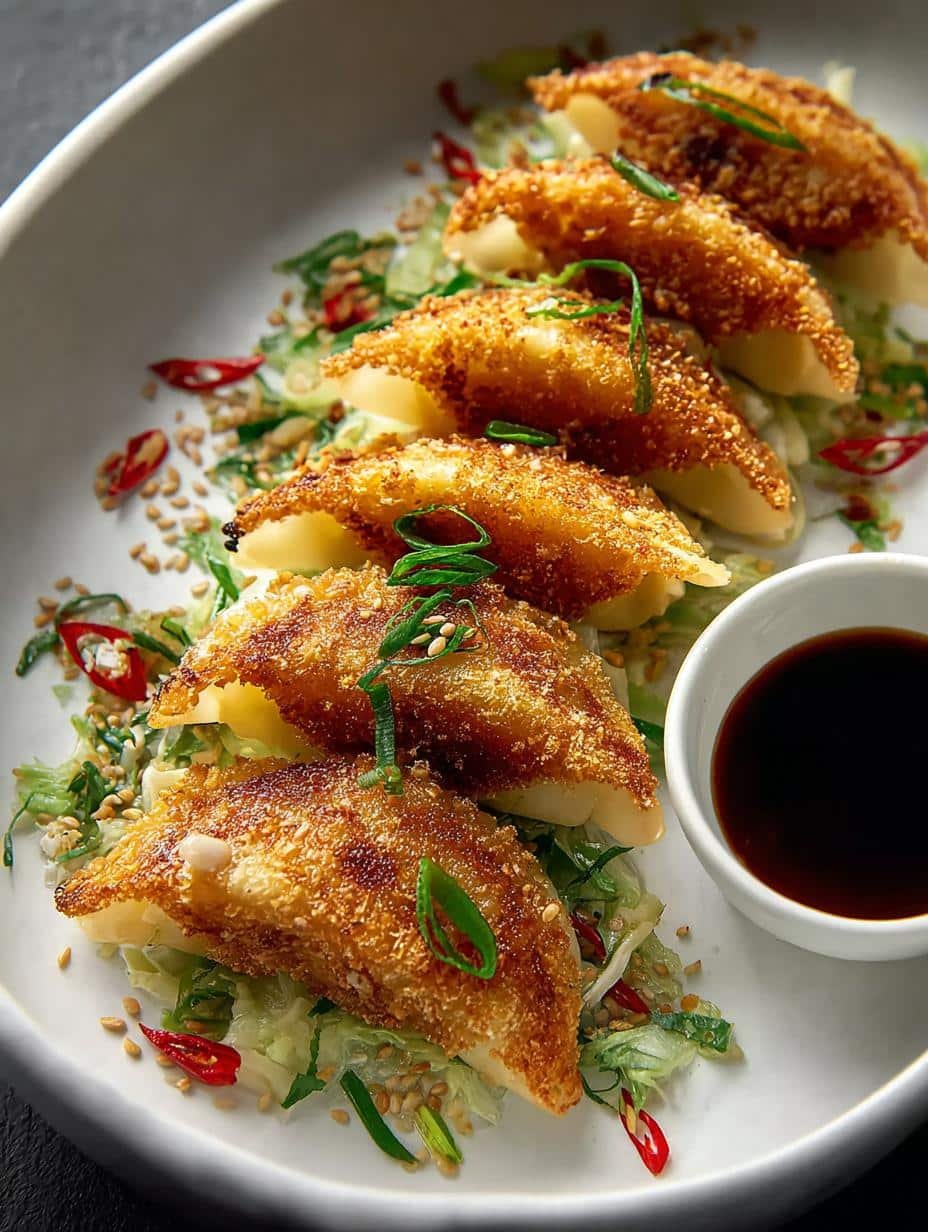 Irresistible Crispy Cabbage Dumplings pan-fried to golden perfection, ready to be served with dipping sauce