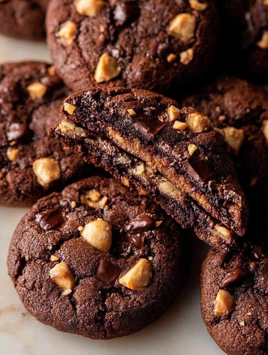 Delicious Double Chocolate Hazelnut Cookies arranged on a cooling rack, showcasing their rich texture and chocolate chunks