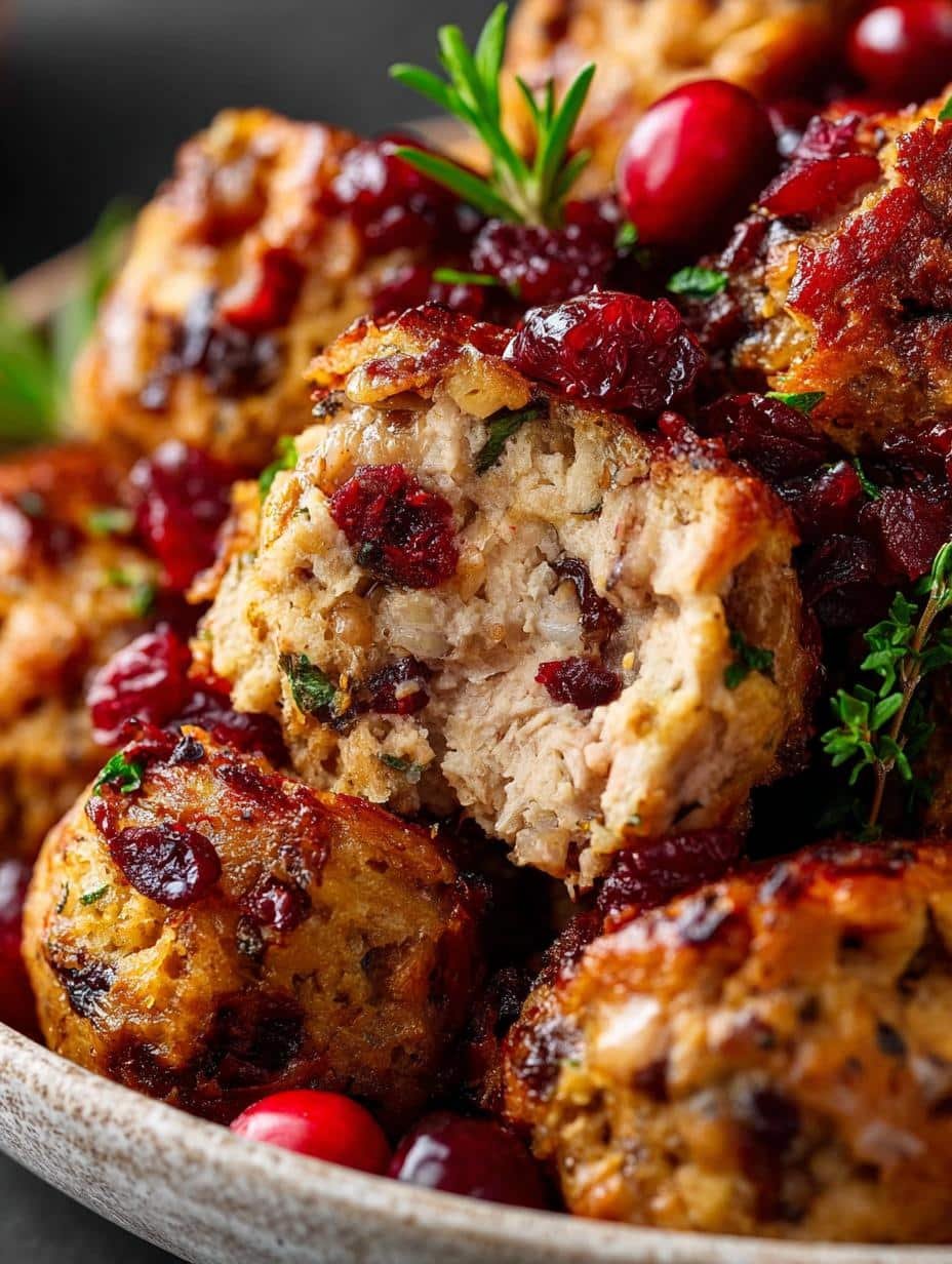 Delicious Festive Cranberry Turkey Stuffing balls on a baking sheet, golden brown and ready to serve