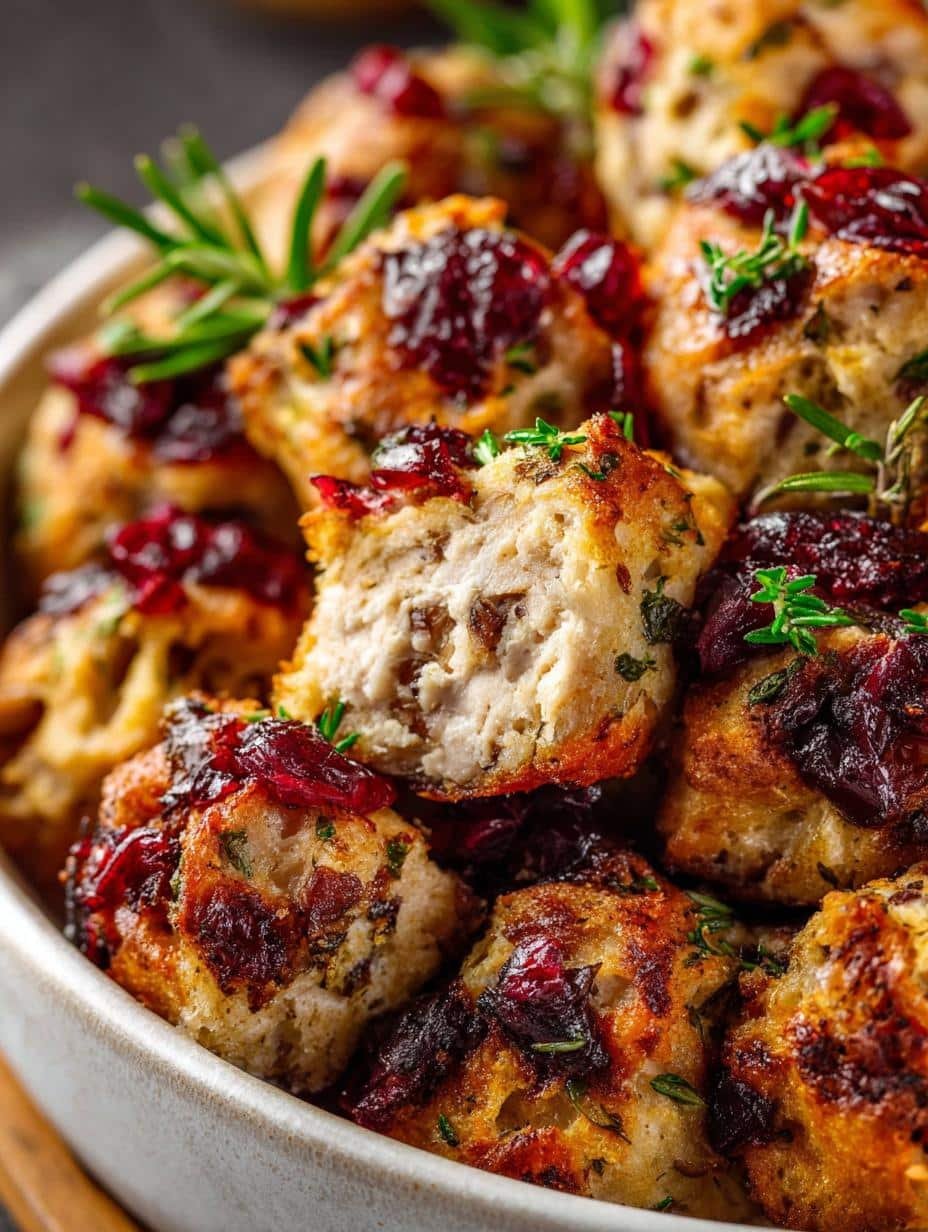Close-up of Festive Cranberry Turkey Stuffing balls, perfectly baked and garnished with fresh herbs