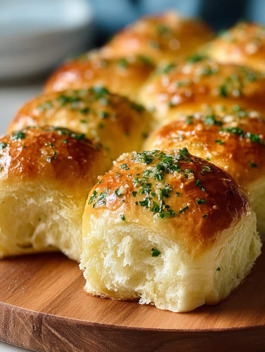 Deliciously golden-brown Garlic Butter Dinner Rolls, fresh from the oven, arranged on a baking sheet