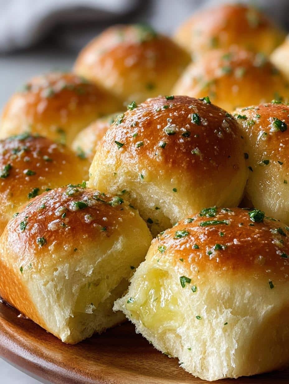 Close-up of fluffy Garlic Butter Dinner Rolls brushed with fresh garlic butter and parsley