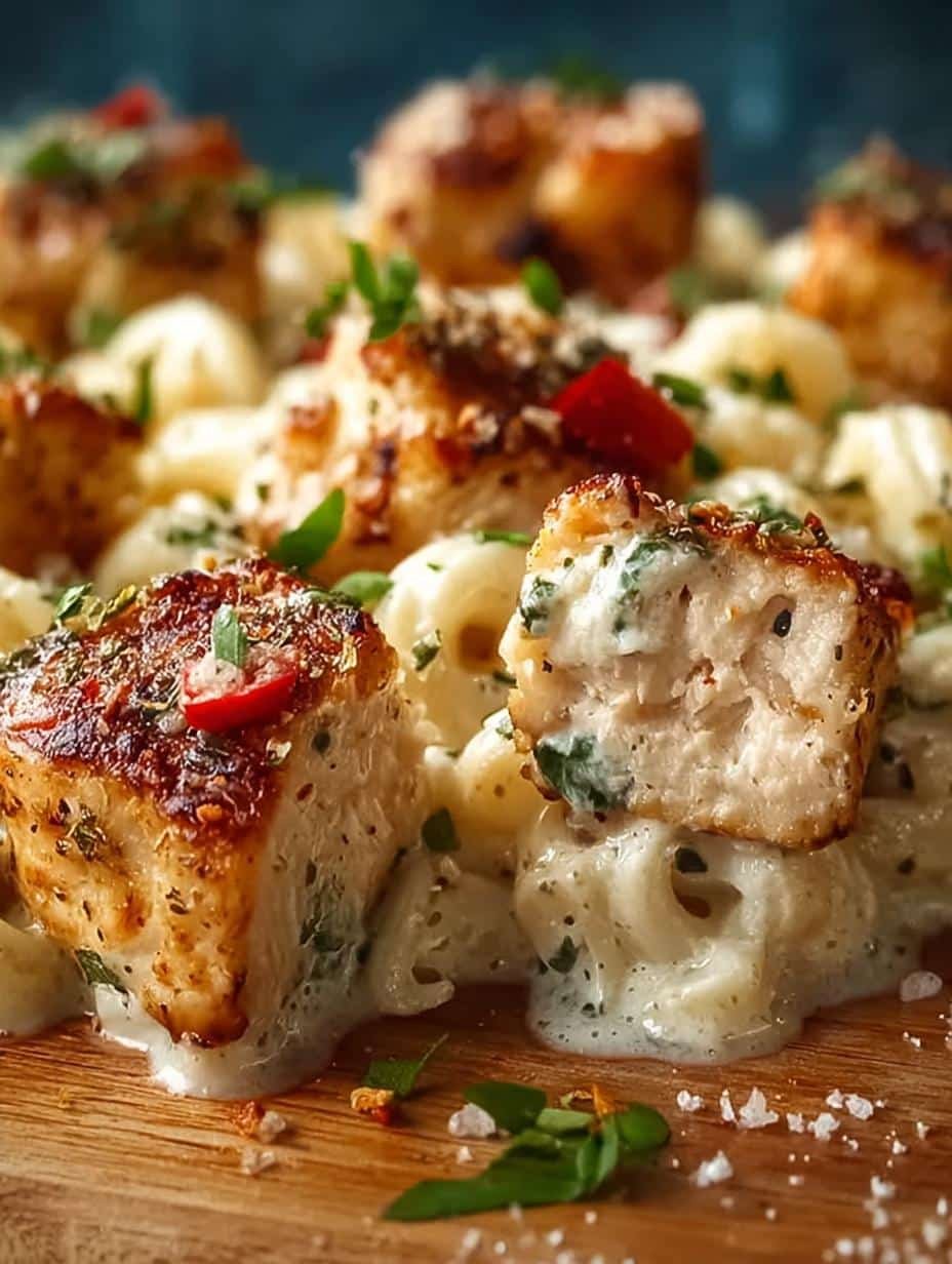 Delicious Garlic Chicken Bites Creamy with pasta and spinach, ready to serve