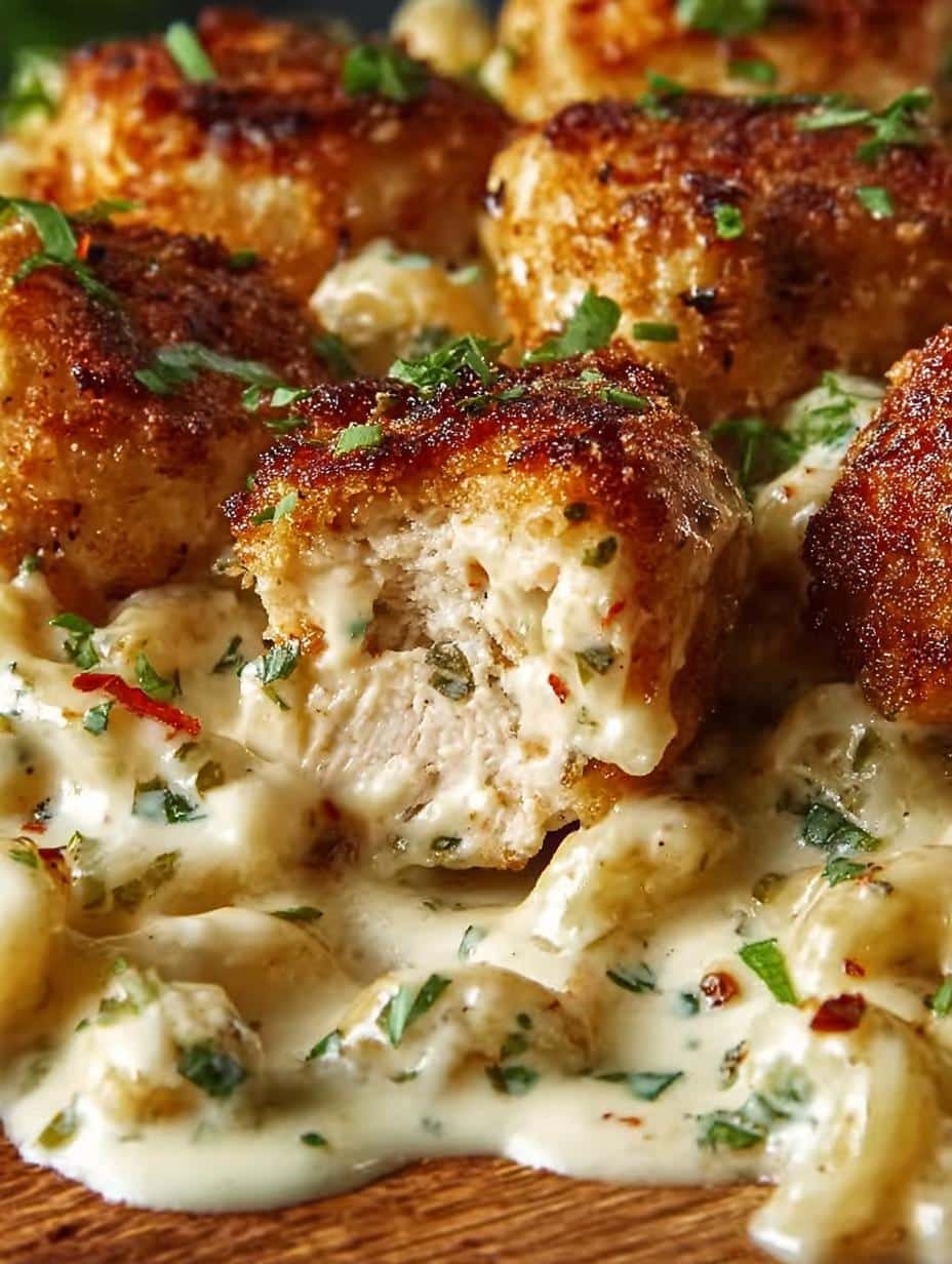Close-up of creamy Garlic Chicken Bites with pasta, spinach, and artichoke hearts