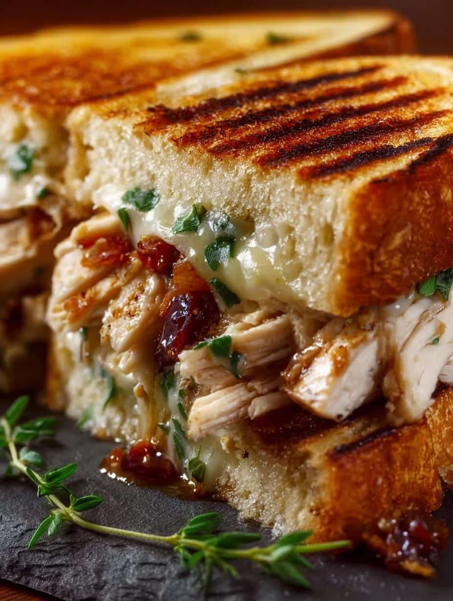 Close-up of a perfectly grilled Chicken Panini Sandwich, golden brown and crispy