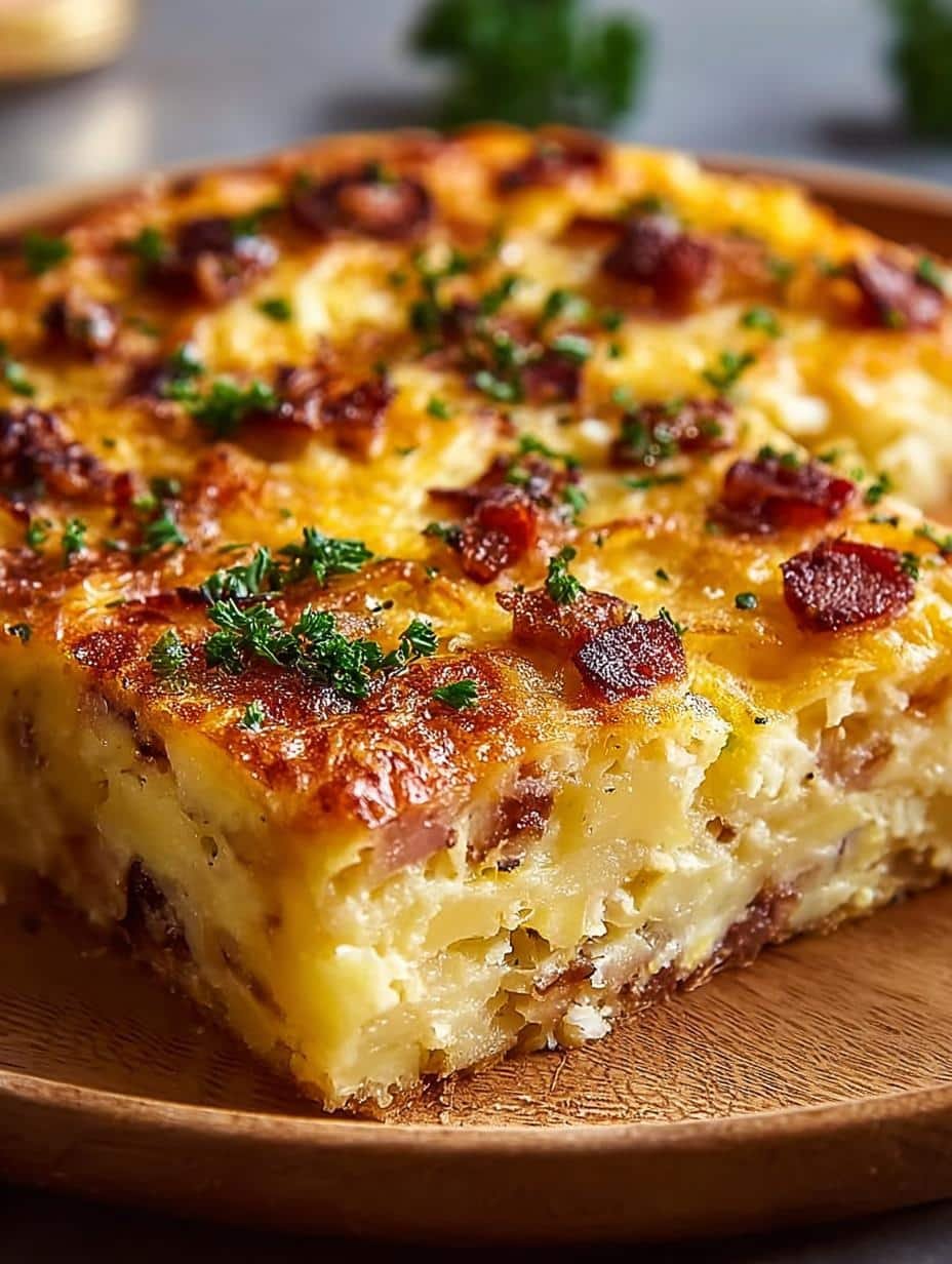 Close-up of a bubbling Hash Brown Breakfast Casserole with golden-brown cheese crust