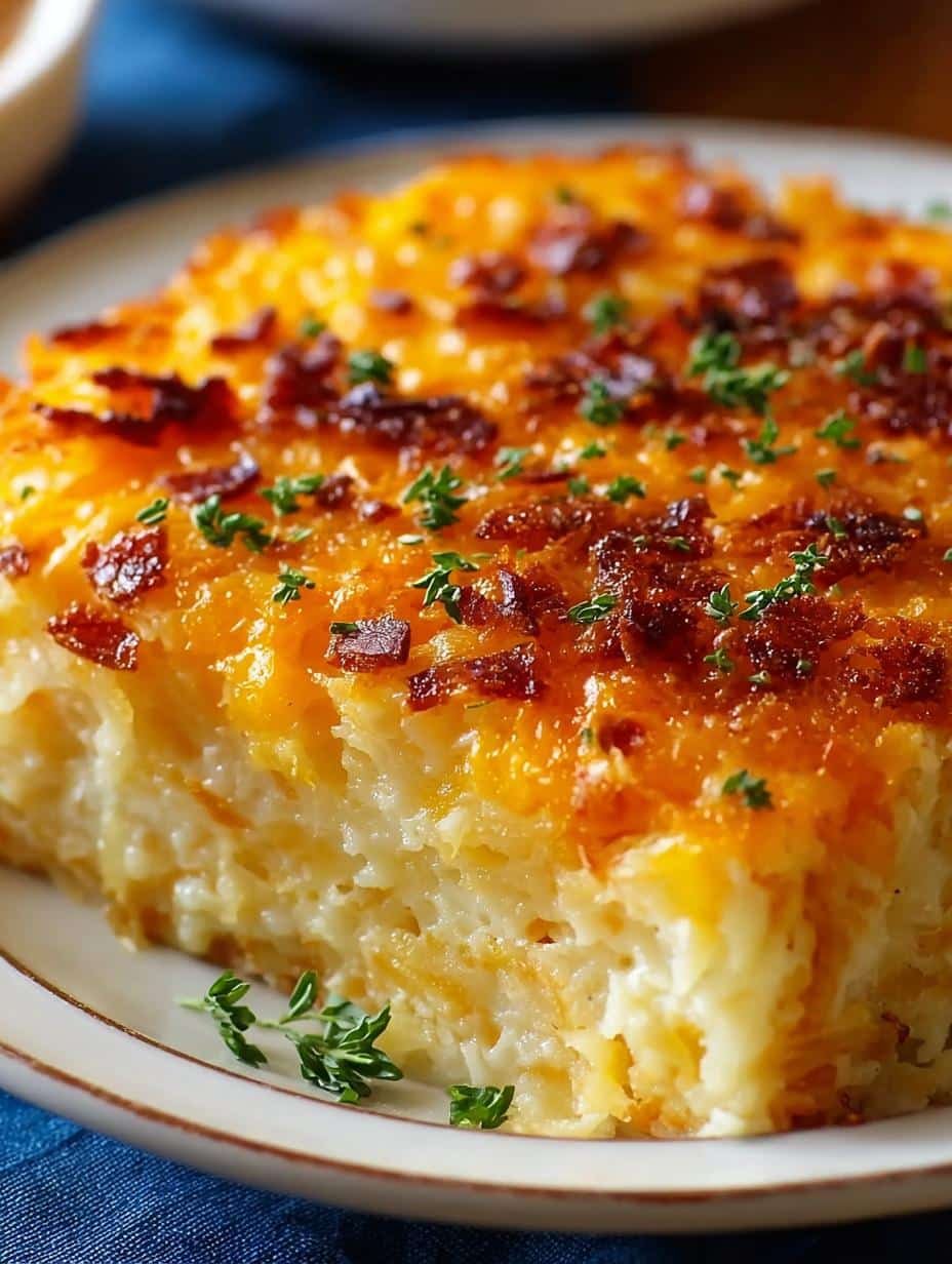 Deliciously golden Hashbrown Casserole baking in a 9x13 dish, bubbling with cheesy goodness