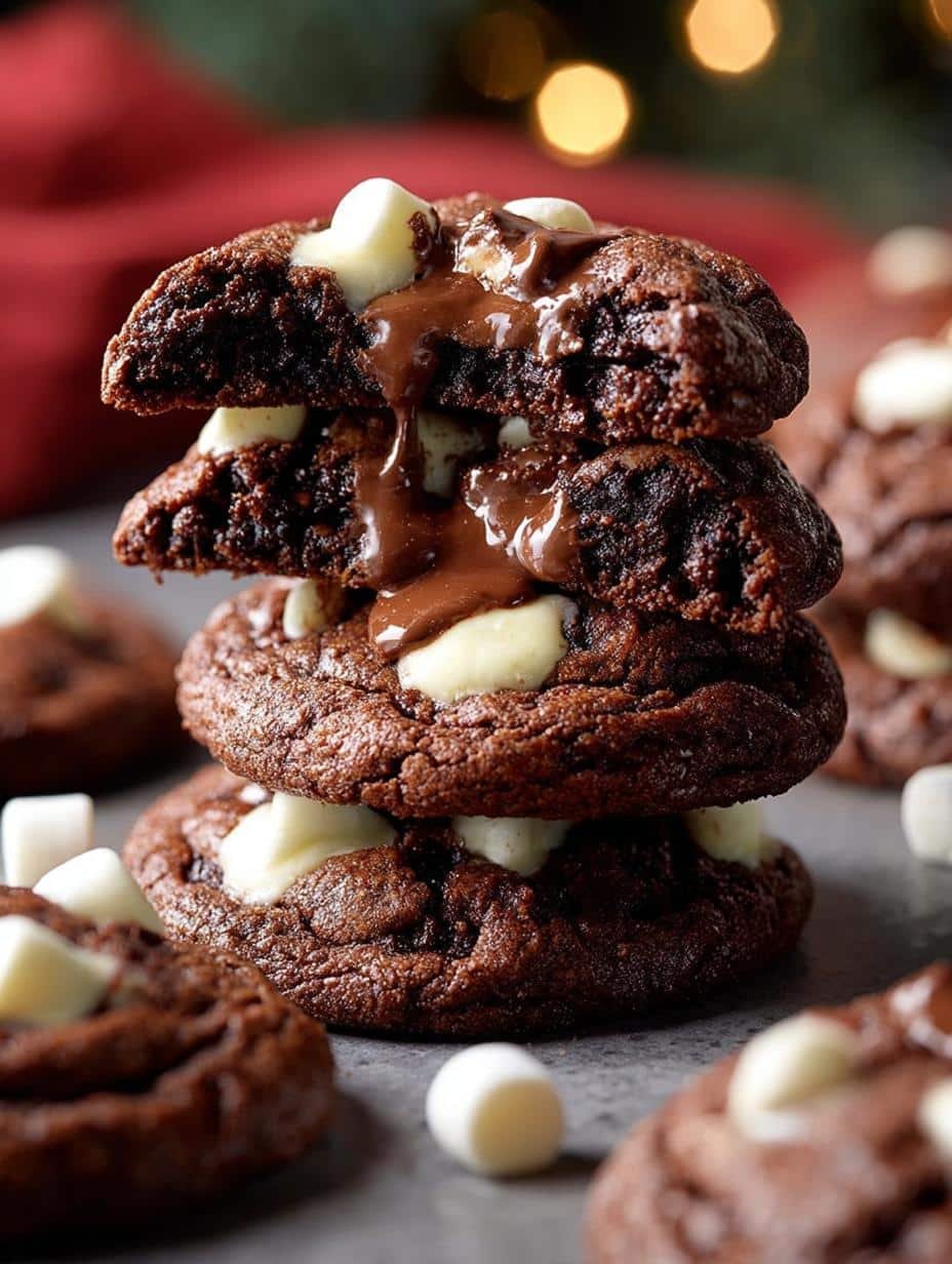 Close-up of freshly baked Hot Chocolate Cookies cooling on a wire rack, showing gooey centers and melted chocolate