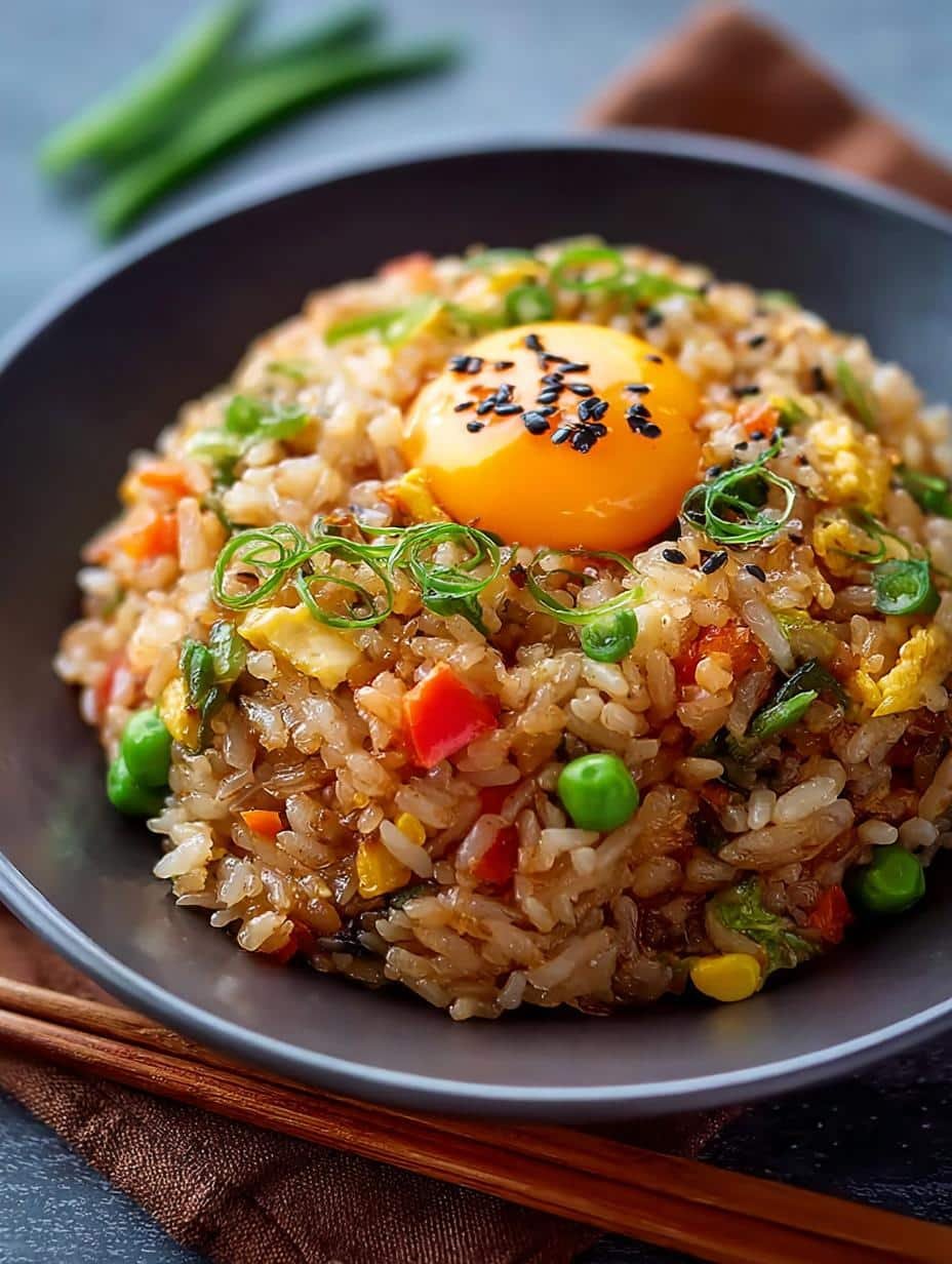 Close-up of Japanese Fried Rice Incredible in a bowl with chopsticks