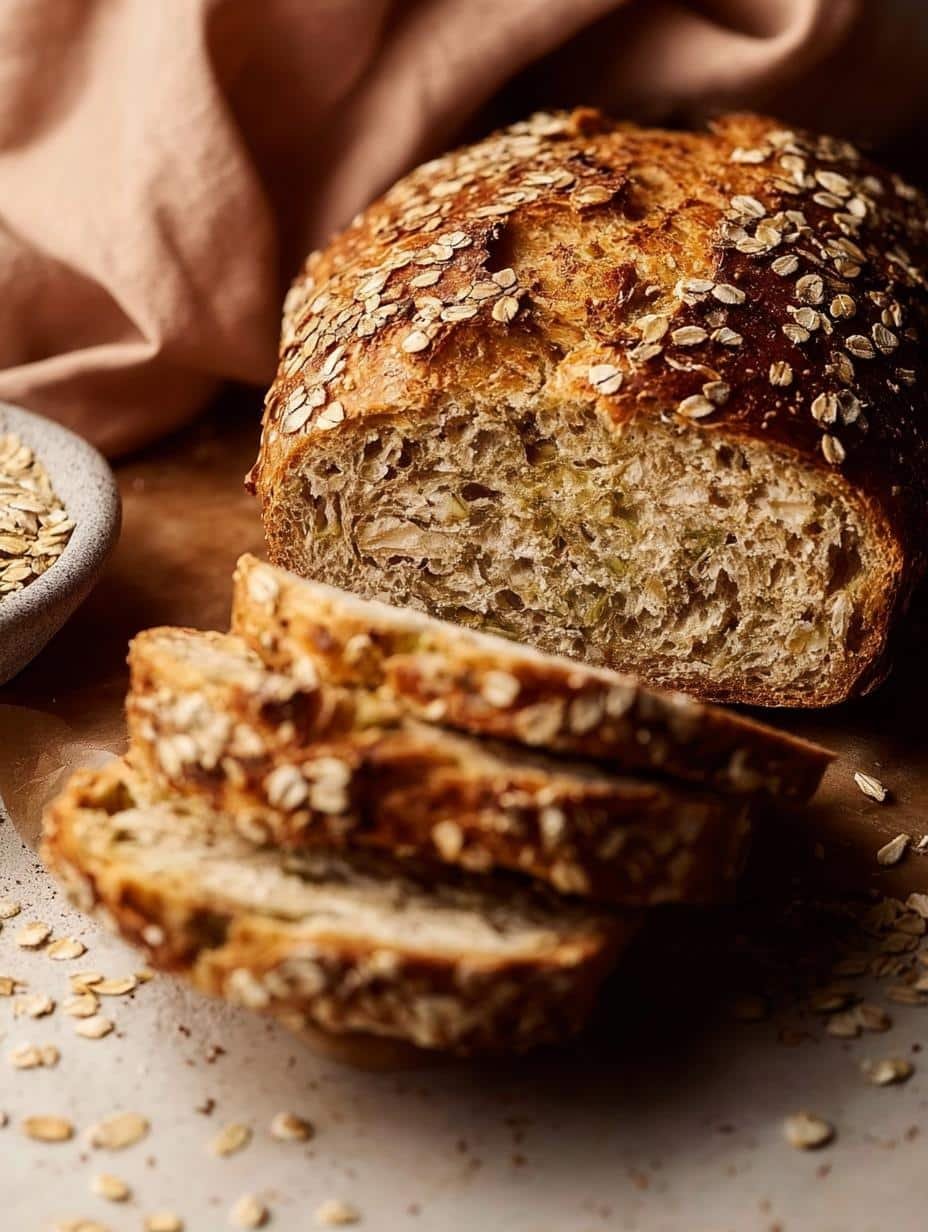 Deliciously golden brown Knead Honey Oat Bread loaf cooling on a wire rack, ready to be sliced and enjoyed.