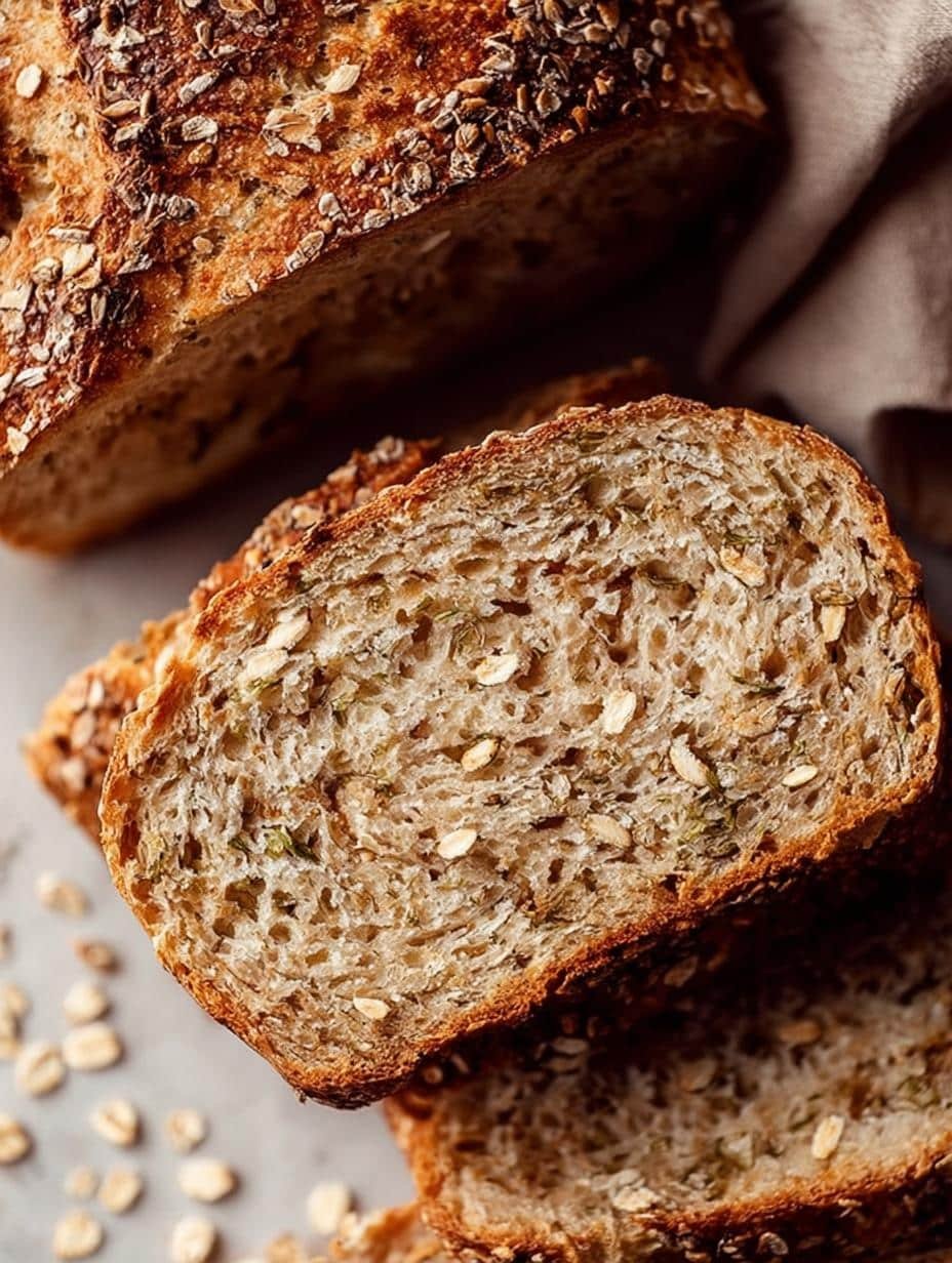 Close-up of a slice of Knead Honey Oat Bread showing its soft, airy texture and visible oats, perfect for breakfast.