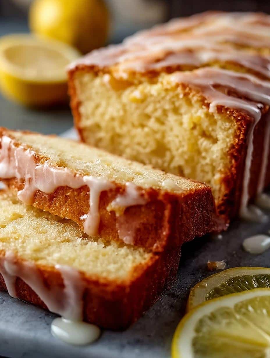Close-up of a slice of Lemon Loaf Bread showing its moist texture and citrus zest
