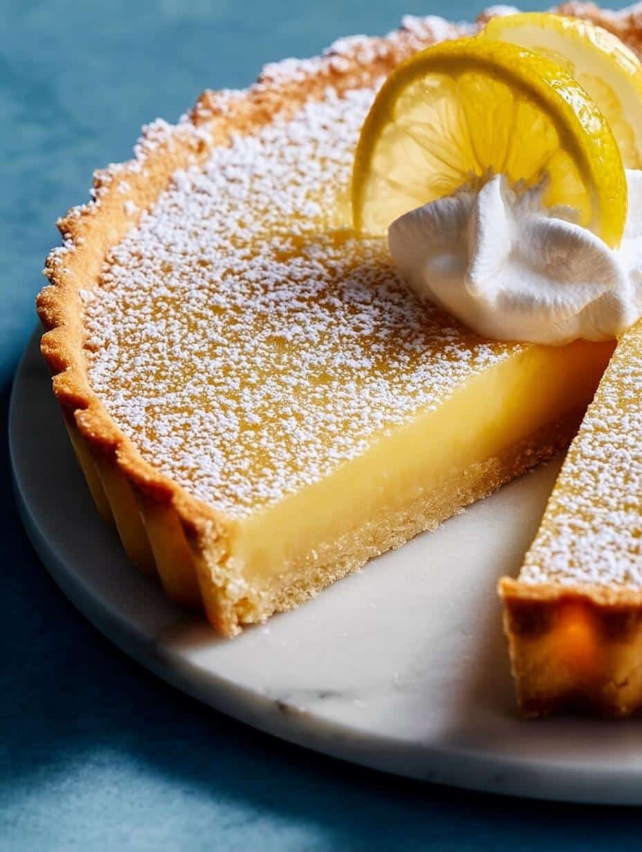 Lemon Tart Tarte Citron: 7 Steps to a Divine Dessert - a slice of lemon tart on a white plate, garnished with fresh berries and powdered sugar