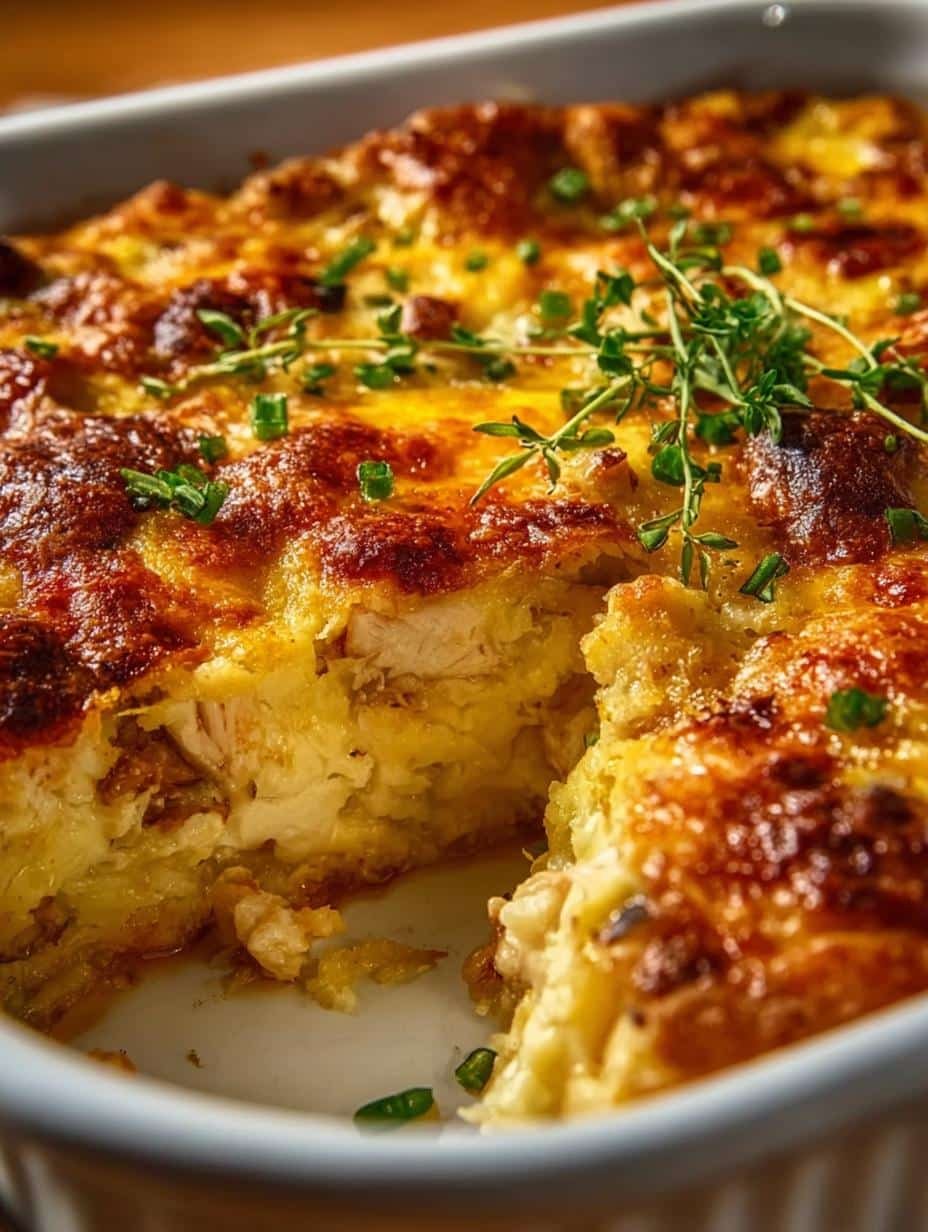 Close-up of bubbly and golden Low Carb Chicken Casserole, additional detail
