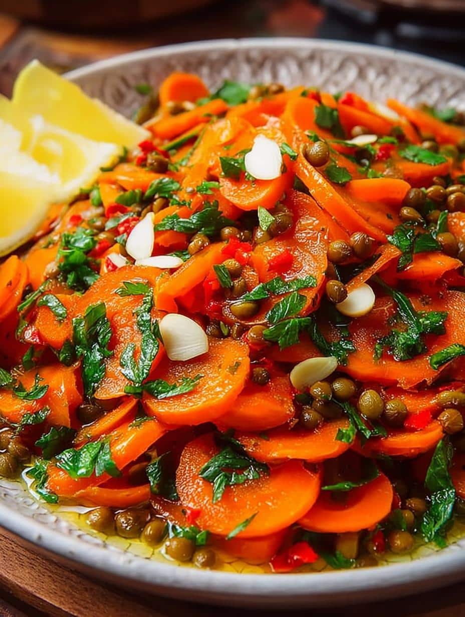 Close-up of Mediterranean Carrot Salad in a white bowl, garnished with fresh parsley and feta cheese