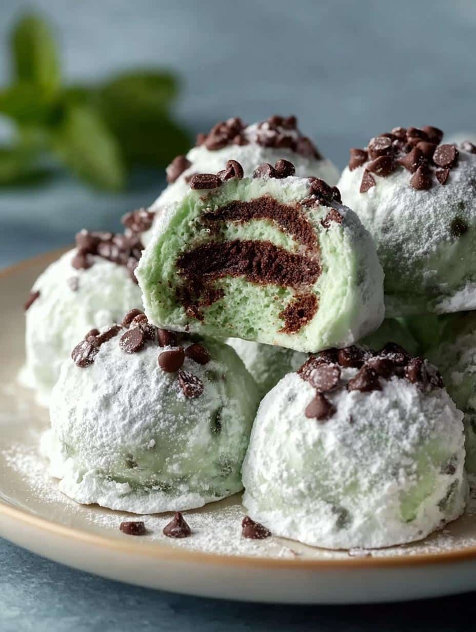 Easy Mint Chocolate Chip Snowball Cookies Recipe - Mint Chocolate Chip Snowball - close-up of a cookie with visible chocolate chips